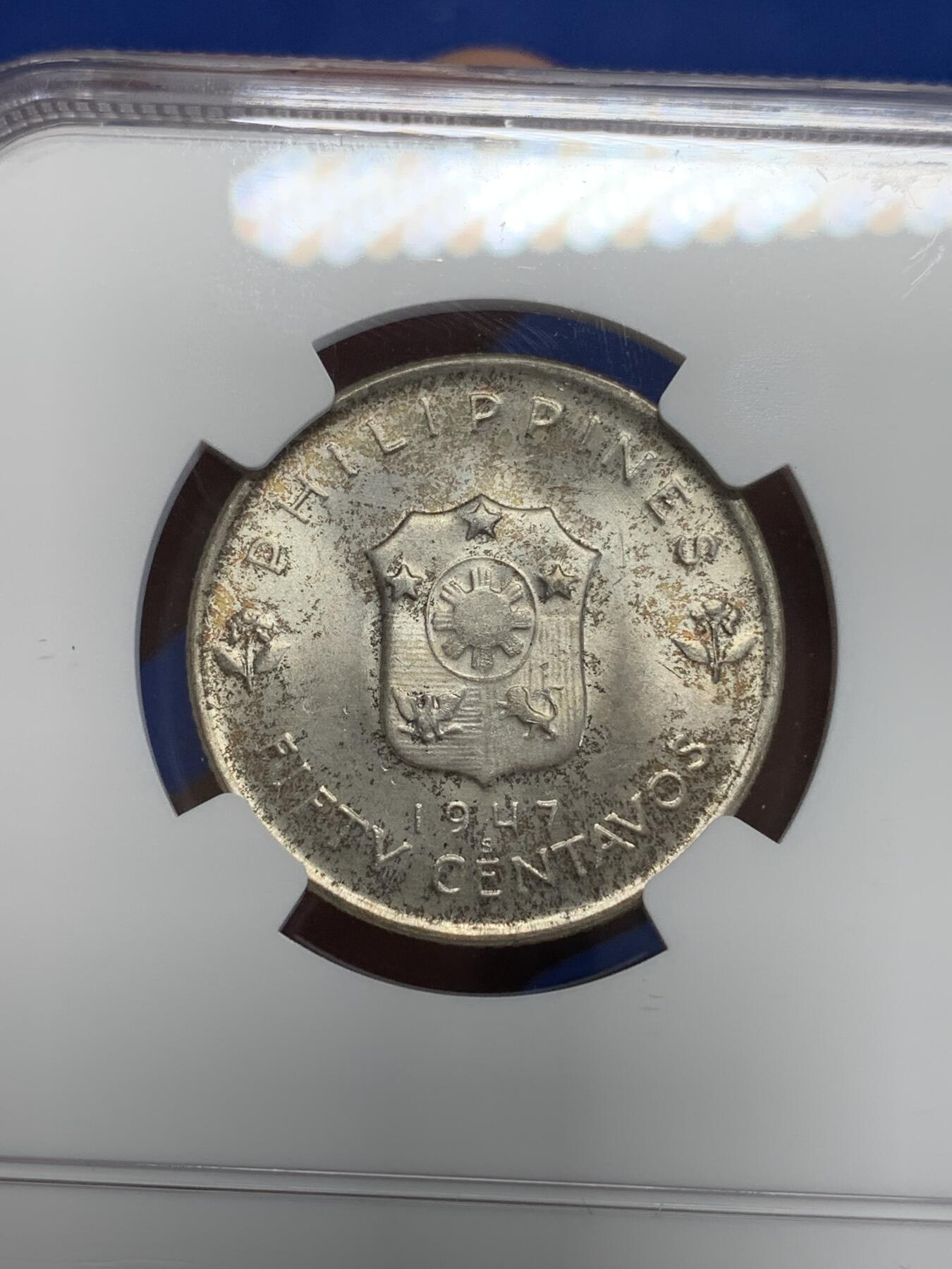 《竞宝斋》第284场- 周日，周一 2场连拍 （全场包邮） NGC MS64 菲律宾1947年S版50分 绝对低评！麦克阿瑟纪念银币 大热品种 两面包浆极为漂亮