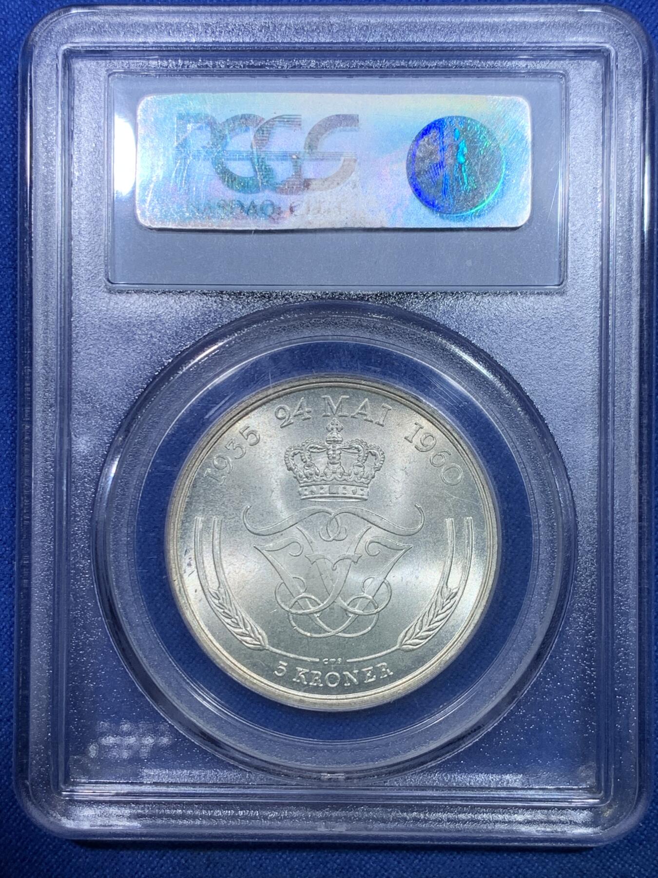 《竞宝斋》第284场- 周日，周一 2场连拍 （全场包邮） PCGS MS67 丹麦1960年5克朗 纪念银币 高分稀少