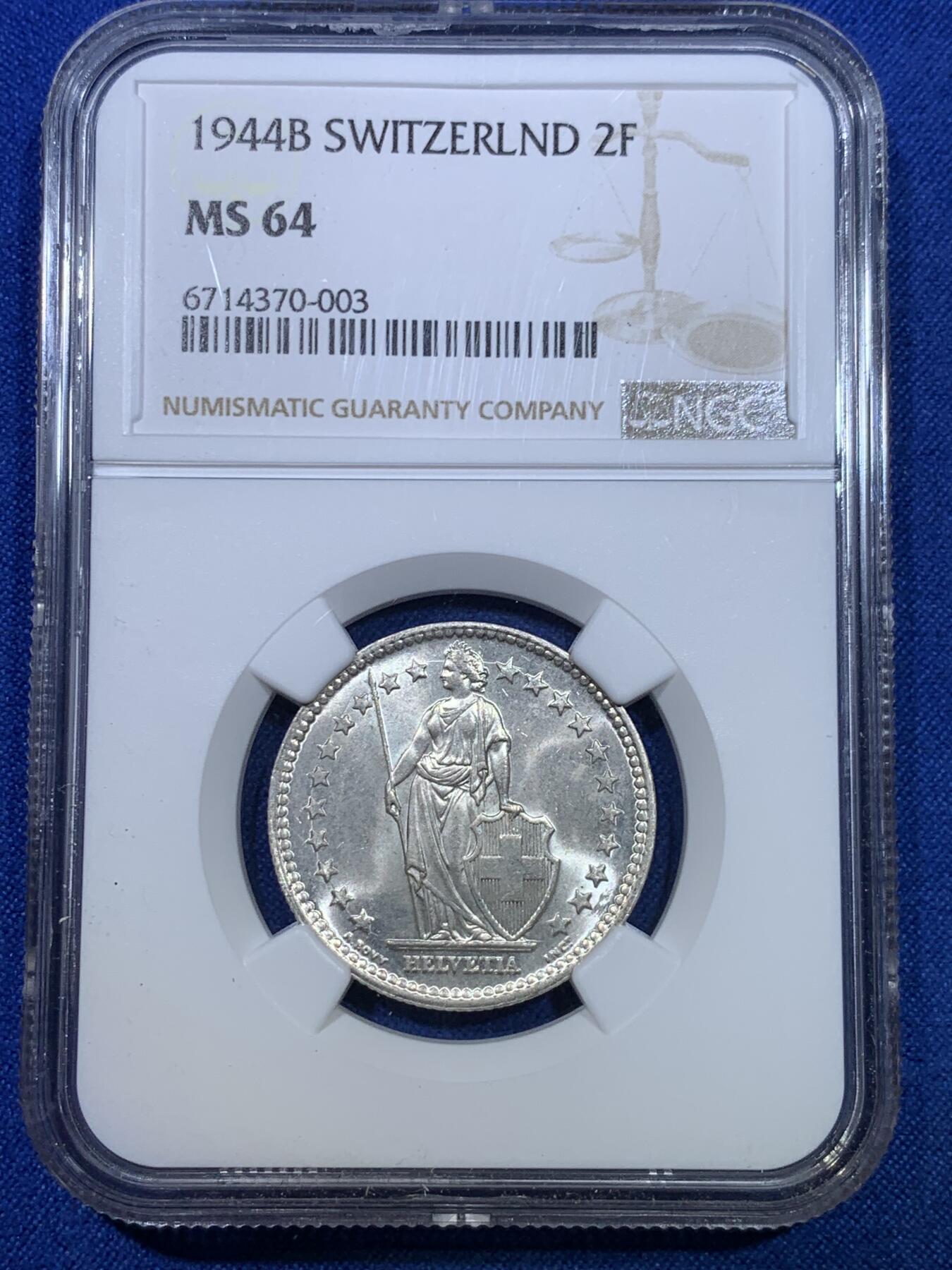 《竞宝斋》第284场- 周日，周一 2场连拍 （全场包邮） NGC MS64 瑞士1944年赫尔维蒂女神2法郎银币 少见年份