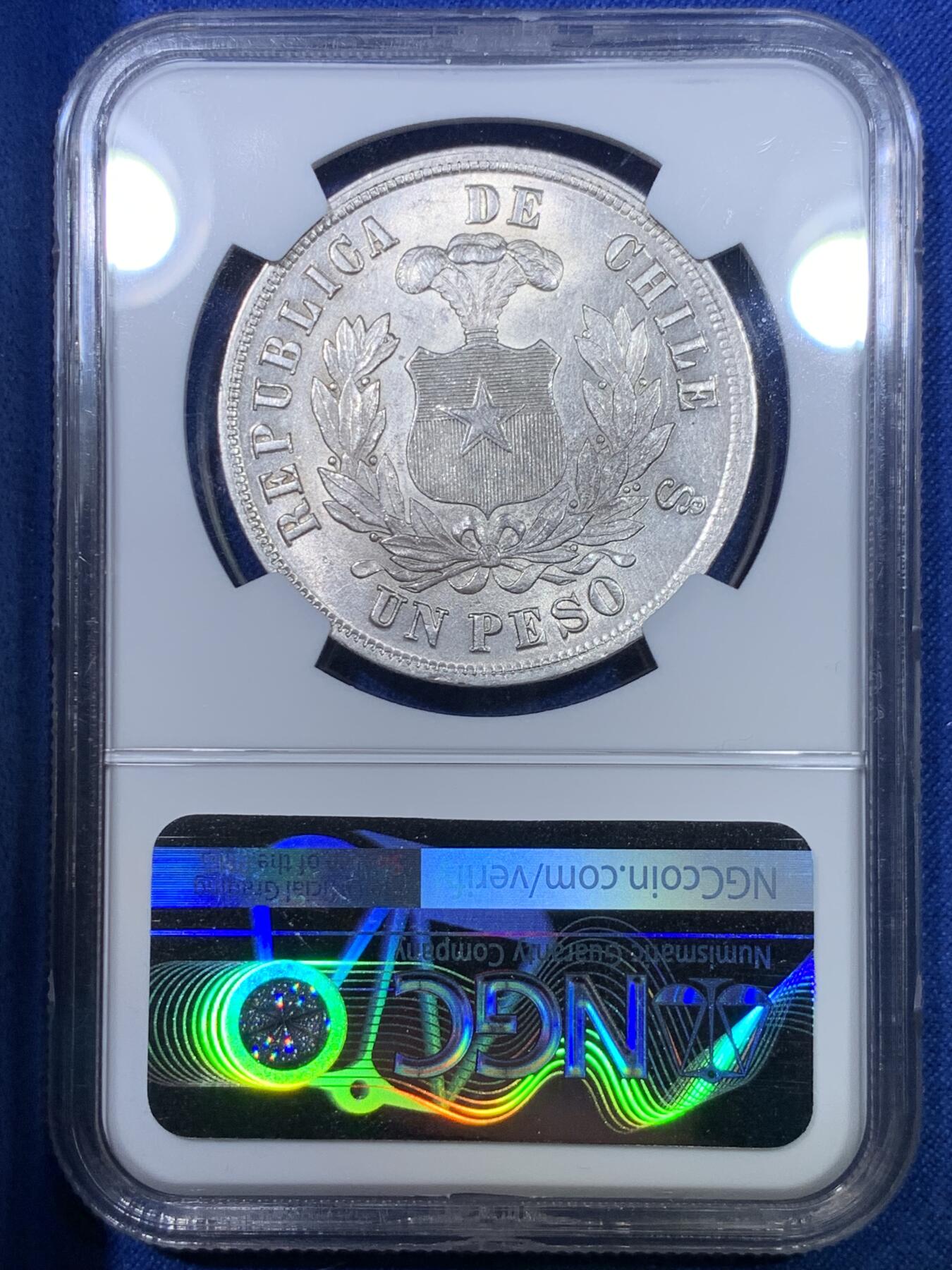 《竞宝斋》第284场- 周日，周一 2场连拍 （全场包邮） NGC MS63 智利 1884年 1比索 安第斯神鹰 大银币 光度很好 底板基本没瑕疵 同分中的战斗机 拉丁美洲潜力品种