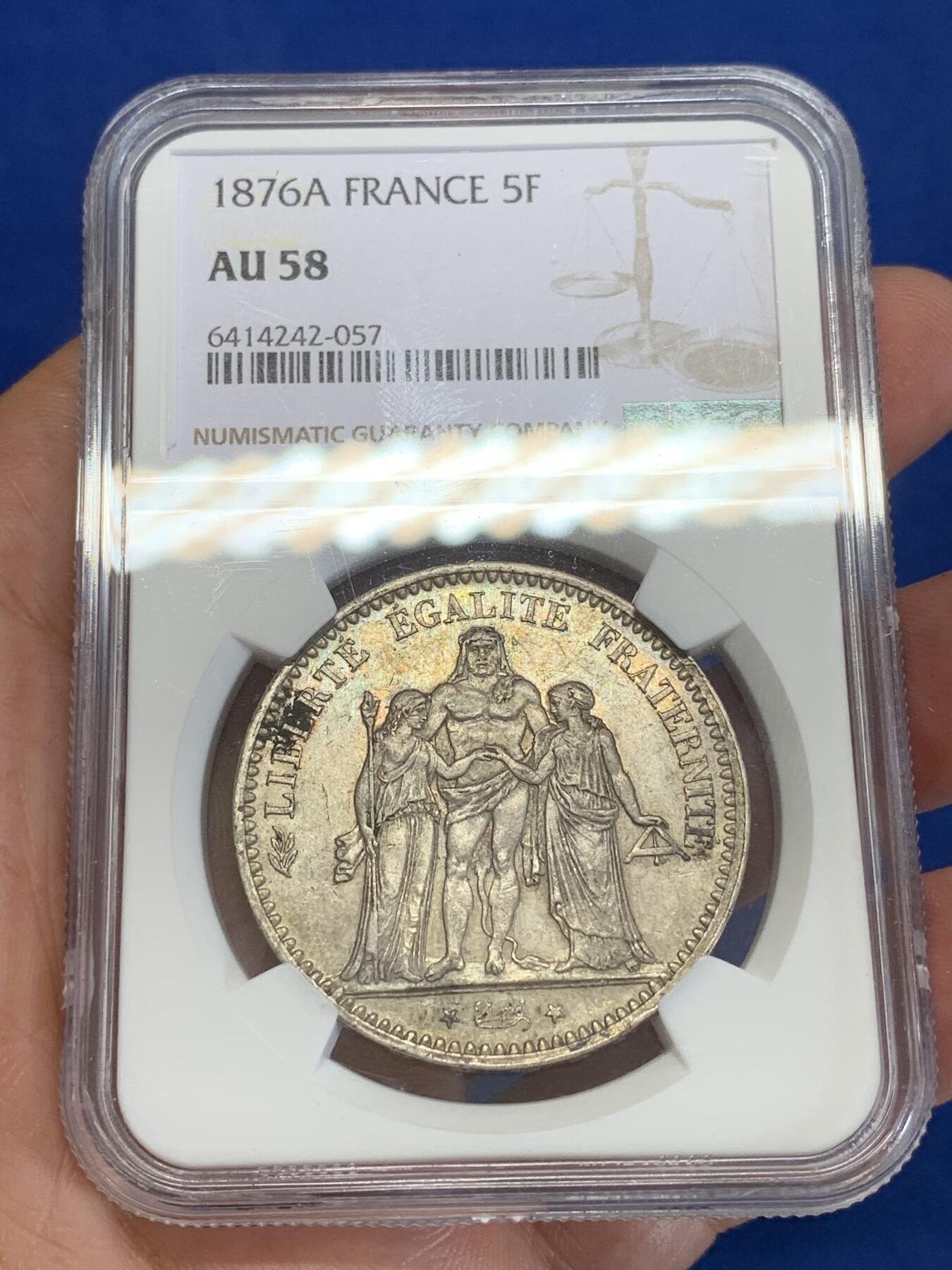 《竞宝斋》第284场- 周日，周一 2场连拍 （全场包邮） NGC AU58 法国 1876A年大力神5法郎大银币，原味有底光，可重评搏分