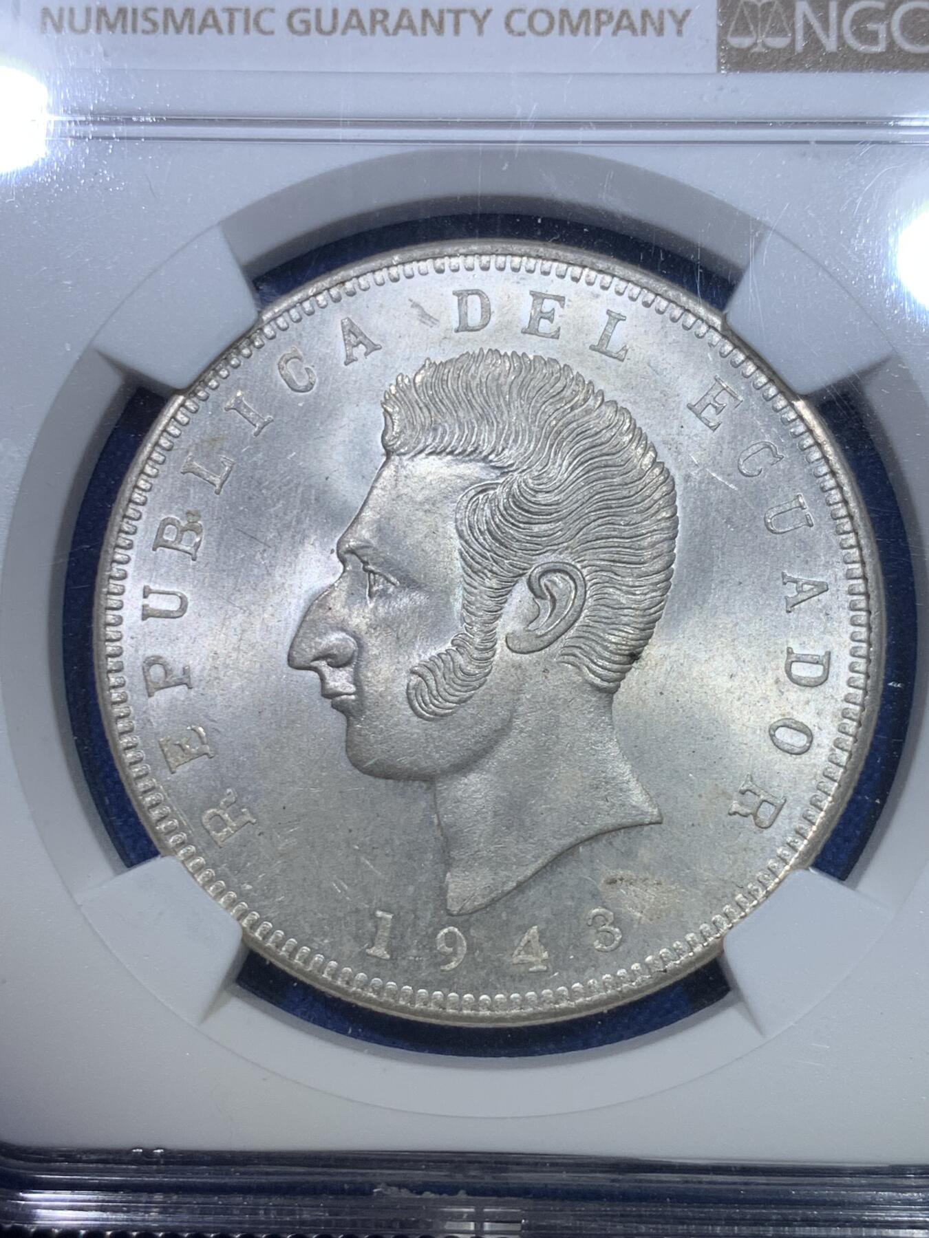 《竞宝斋》第284场- 周日，周一 2场连拍 （全场包邮） NGC MS64 厄瓜多尔1943年5苏克雷大银币