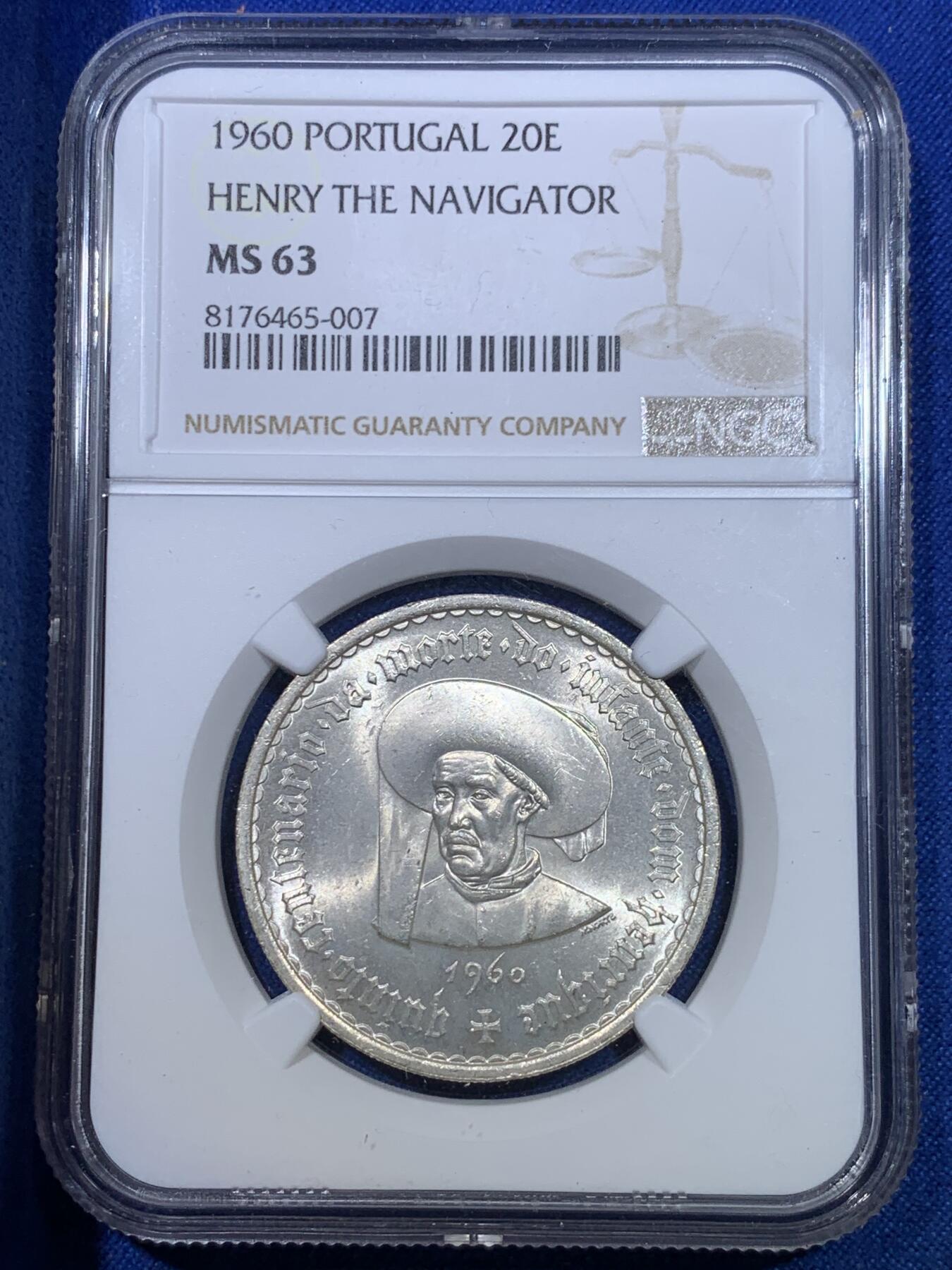 《竞宝斋》第284场- 周日，周一 2场连拍 （全场包邮） NGC MS63 葡萄牙1960年亨利王子500周年20埃斯库多银币