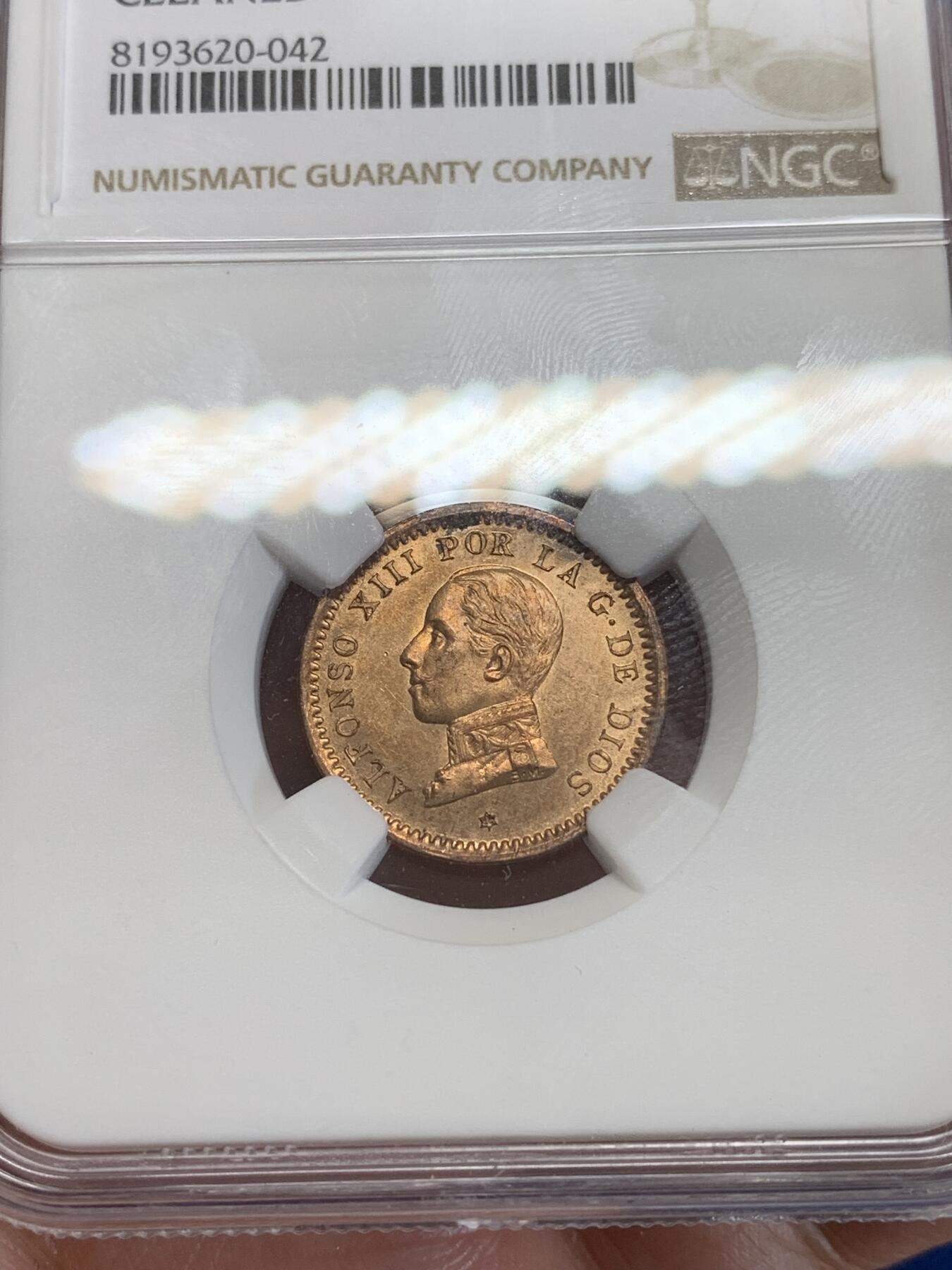 《竞宝斋》第284场- 周日，周一 2场连拍 （全场包邮） NGC UNCD 西班牙1912年阿方索十三世2分铜币