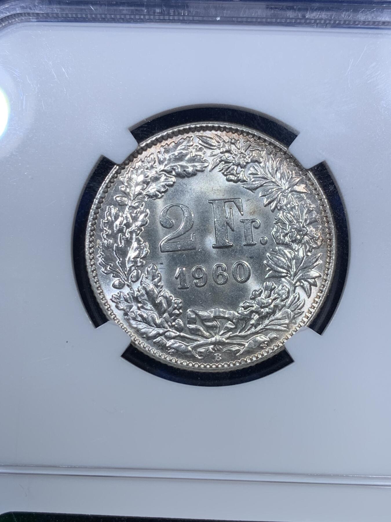 《竞宝斋》第285场- 周日，周一 2场连拍 （全场包邮） NGC MS64 瑞士1960B雪山女神赫尔维蒂立像2瑞士法郎银币 车轮光清晰 高分品相