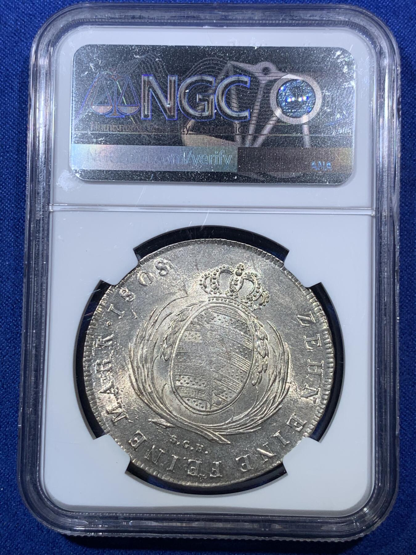 《竞宝斋》第285场- 周日，周一 2场连拍 （全场包邮） 唯一亚军分 NGC MS64 德国 萨克森 1808 奥古斯特一世 泰勒大银币 打制好 带转光