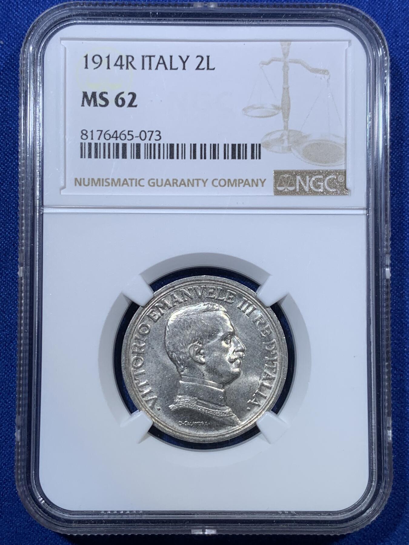 《竞宝斋》第285场- 周日，周一 2场连拍 （全场包邮） NGC MS62 意大利1914年马车2里拉银币