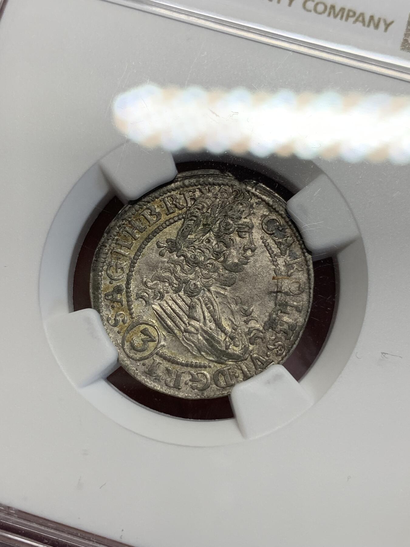 《竞宝斋》第285场- 周日，周一 2场连拍 （全场包邮） NGC AU55 神圣罗马帝国1712年查理六世3克鲁泽银币  稀少的波兰-布雷斯劳造币厂铸造 五彩包浆