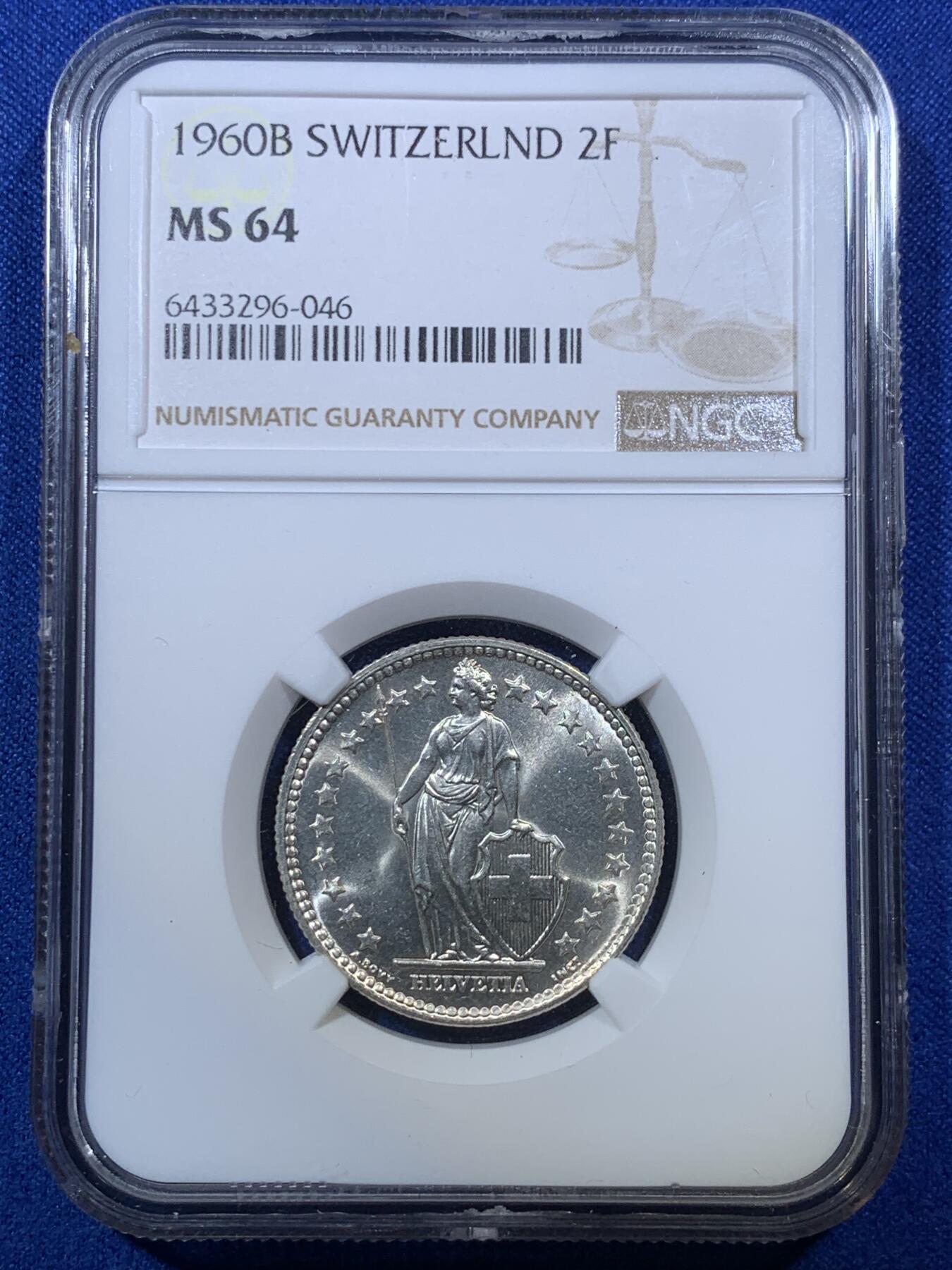 《竞宝斋》第285场- 周日，周一 2场连拍 （全场包邮） NGC MS64 瑞士1960B雪山女神赫尔维蒂立像2瑞士法郎银币 车轮光清晰 高分品相