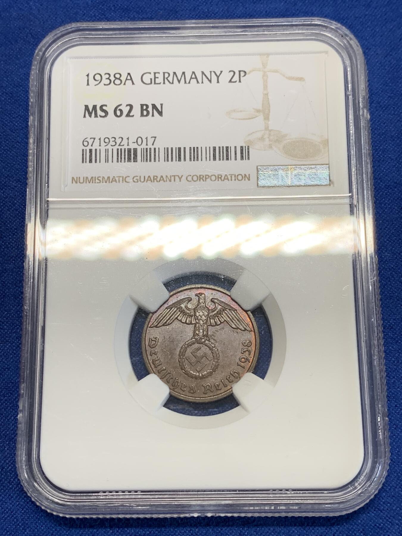 《竞宝斋》第285场- 周日，周一 2场连拍 （全场包邮） NGC MS62BN 德国1938年A厂2芬尼