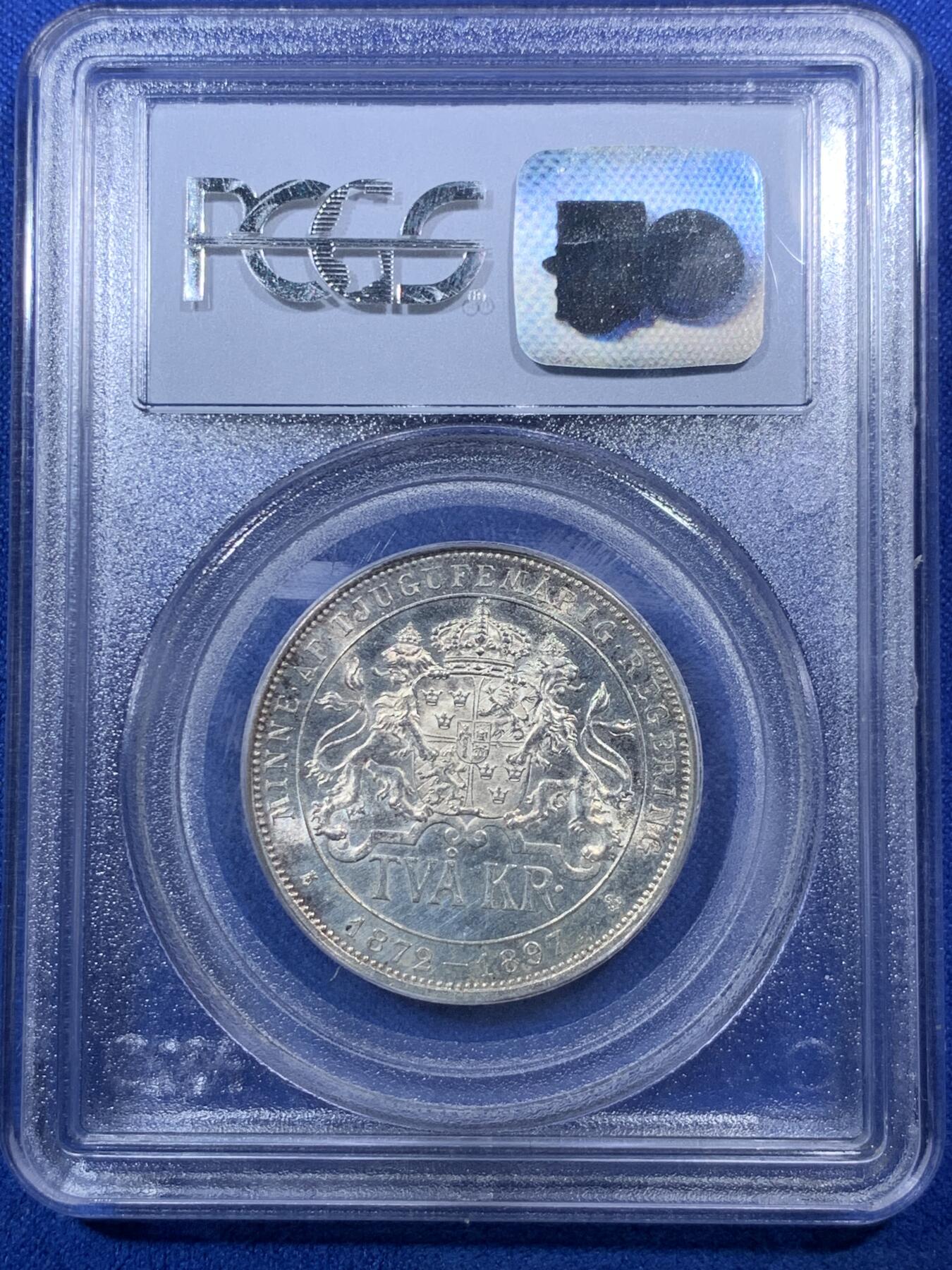《竞宝斋》第285场- 周日，周一 2场连拍 （全场包邮） PCGS MS64 瑞典 1897年 奥斯卡二世登基 2克朗 银币 经典老白盒