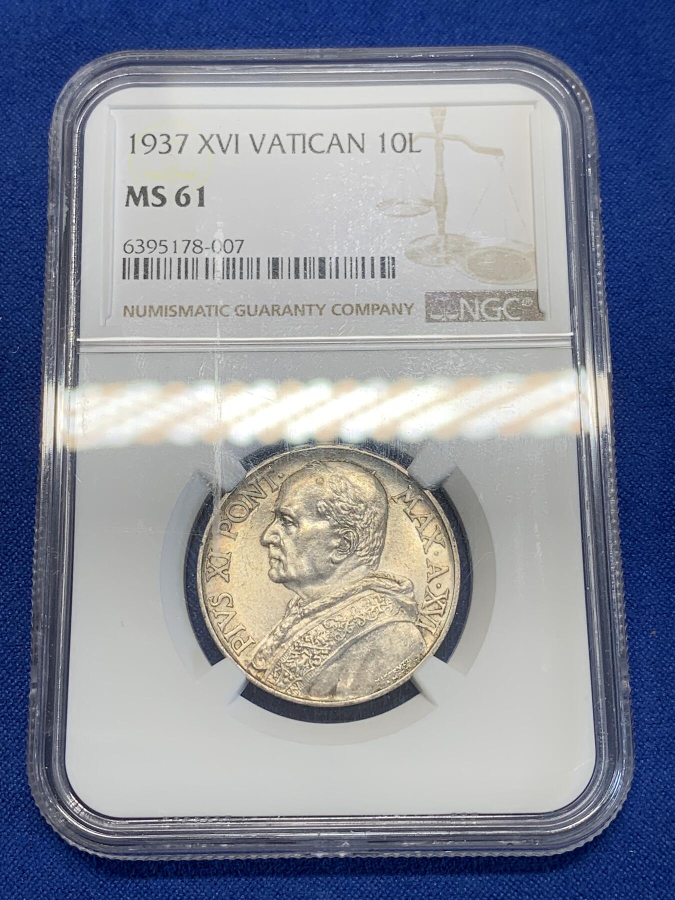 《竞宝斋》第285场- 周日，周一 2场连拍 （全场包邮） NGC MS61 梵蒂冈1937圣母抱婴10里拉银币 原光车轮光 略有低评