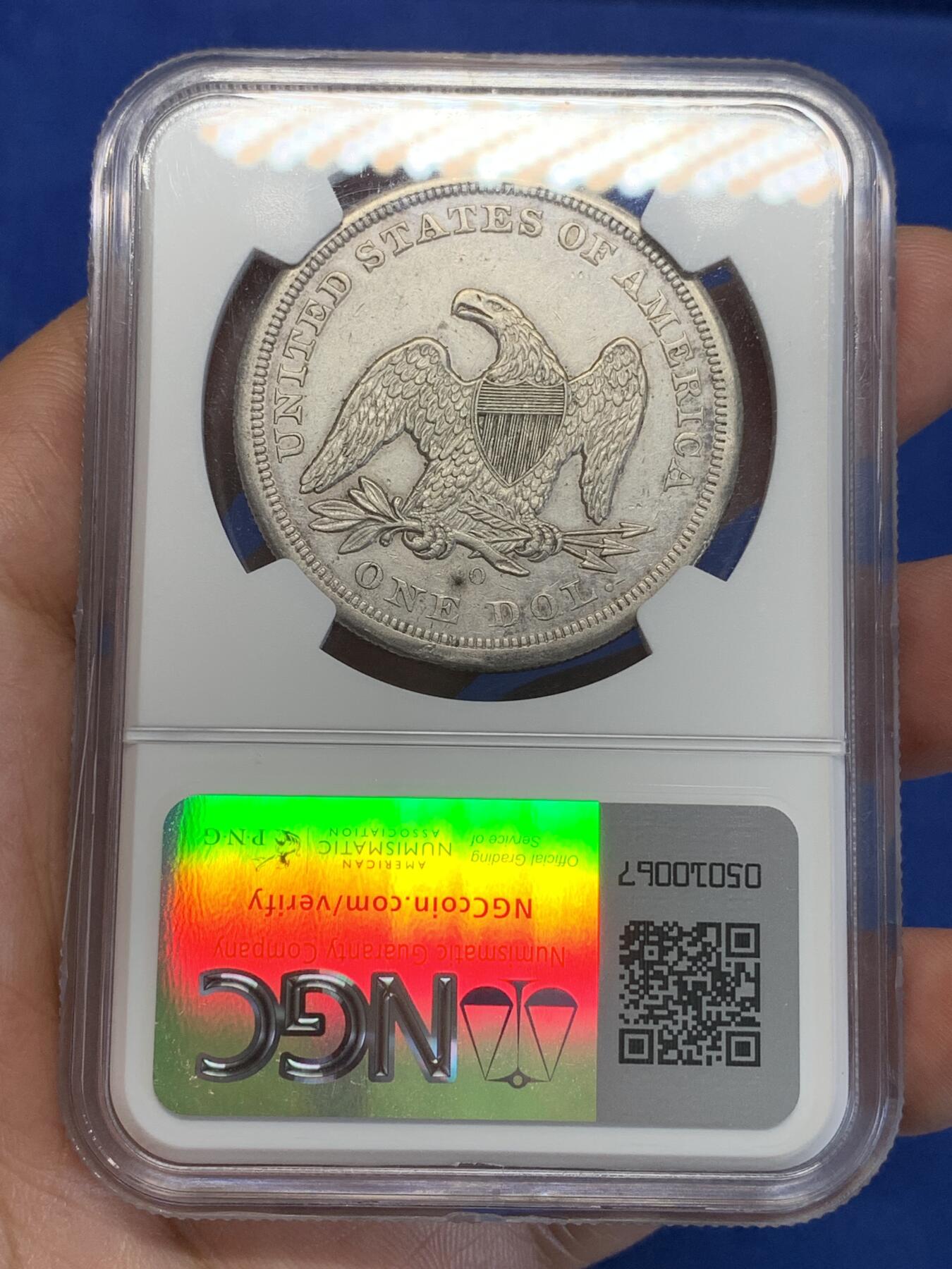 《竞宝斋》第285场- 周日，周一 2场连拍 （全场包邮） NGC XFD 美国1860年O版自由女神坐像1美元银币 不带美国箴言“In god we trust” 严评了 出分就翻倍了 不常见之物