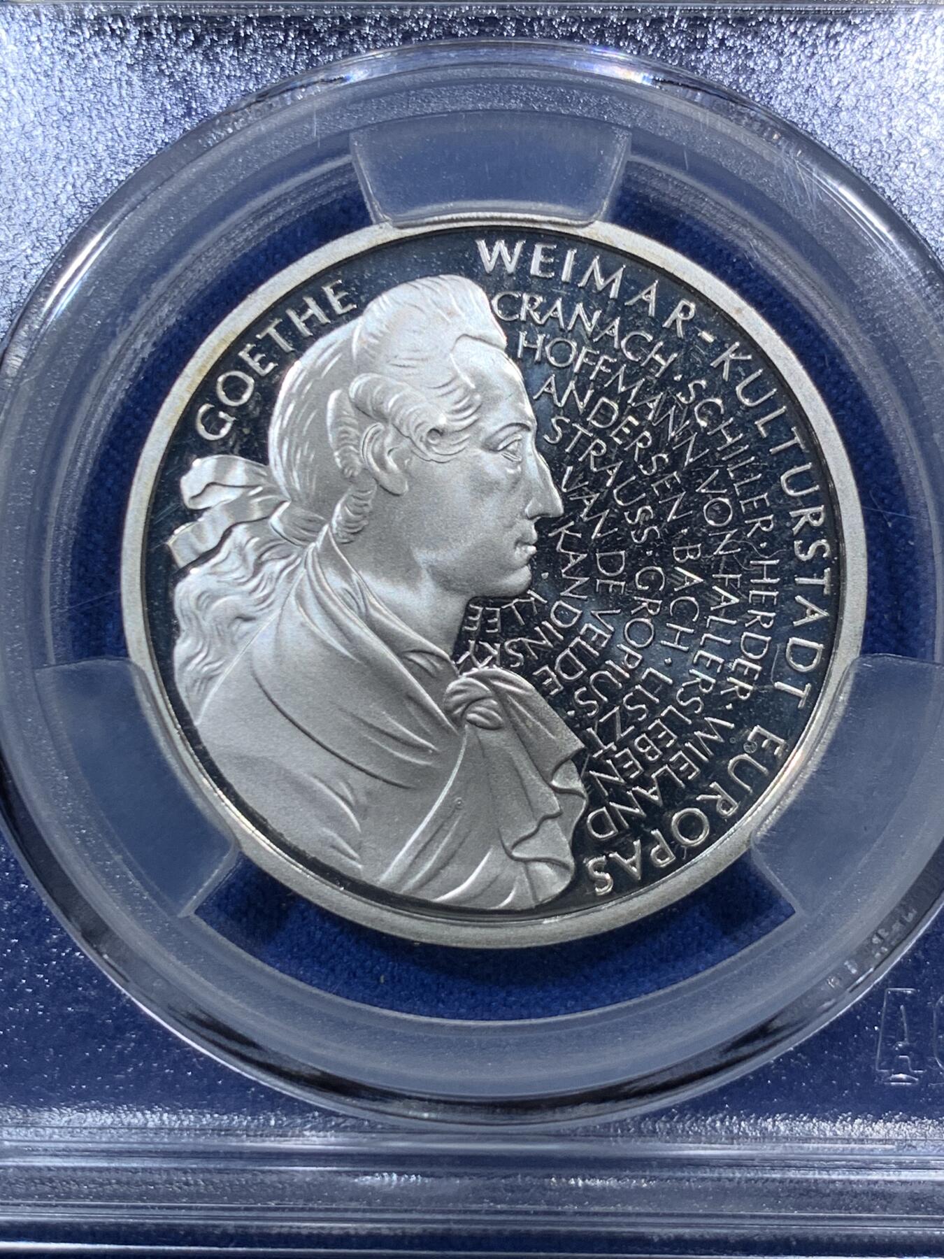 《竞宝斋》第285场- 周日，周一 2场连拍 （全场包邮） ACG PF67 德国1999年歌德诞辰250周年纪念10马克银币  低评好品