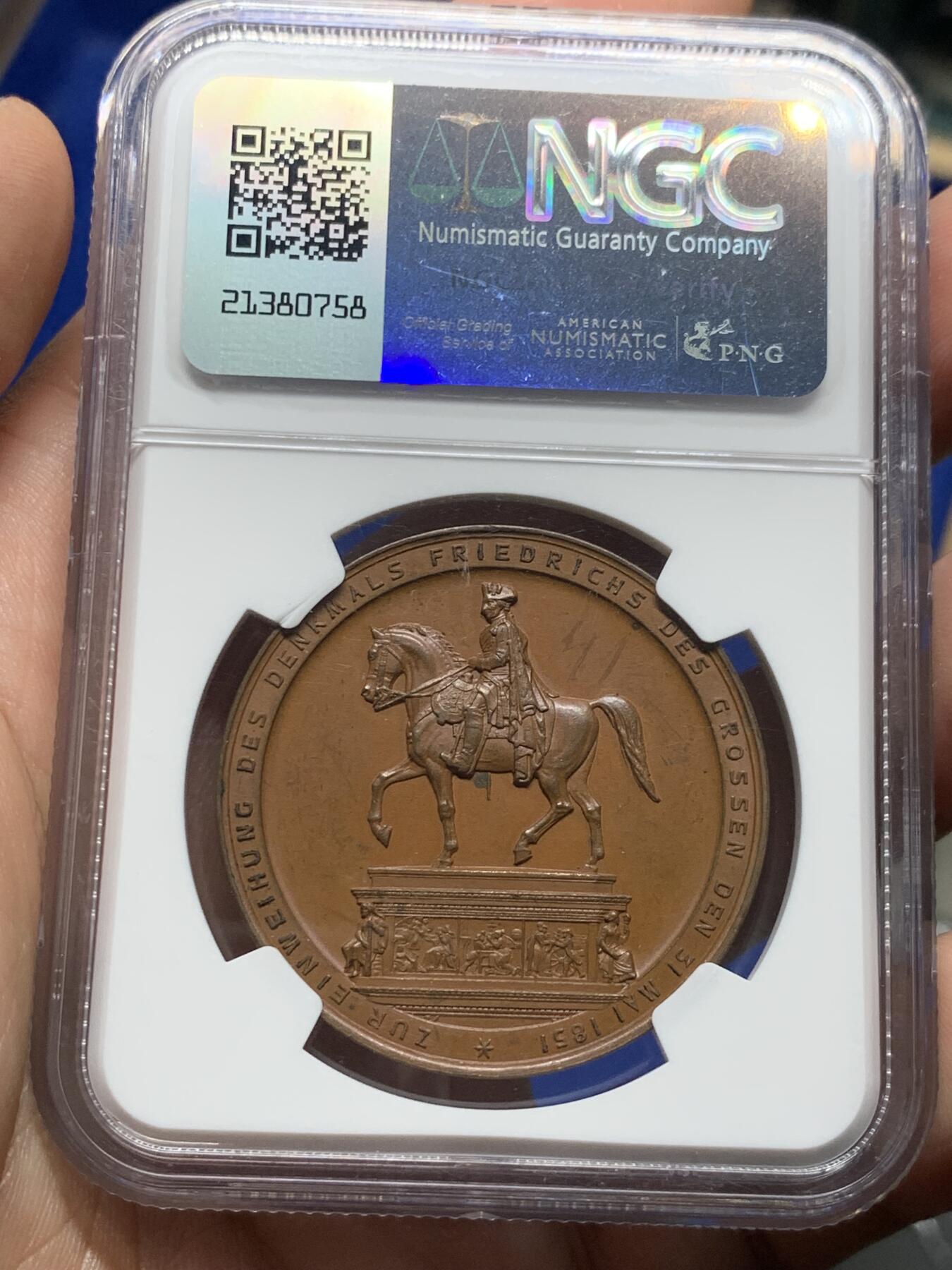 《竞宝斋》第285场- 周日，周一 2场连拍 （全场包邮） NGC MS63 德国1851普鲁士“腓特烈大帝”铜质纪念章 棕色