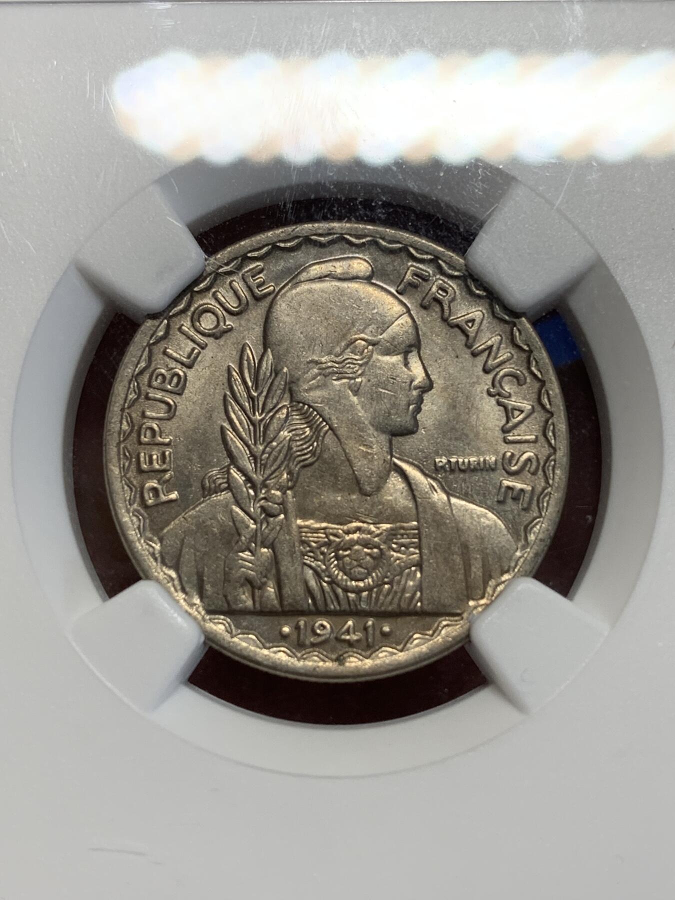 《竞宝斋》第285场- 周日，周一 2场连拍 （全场包邮） NGC MS63 法属印支1941年20C镍币