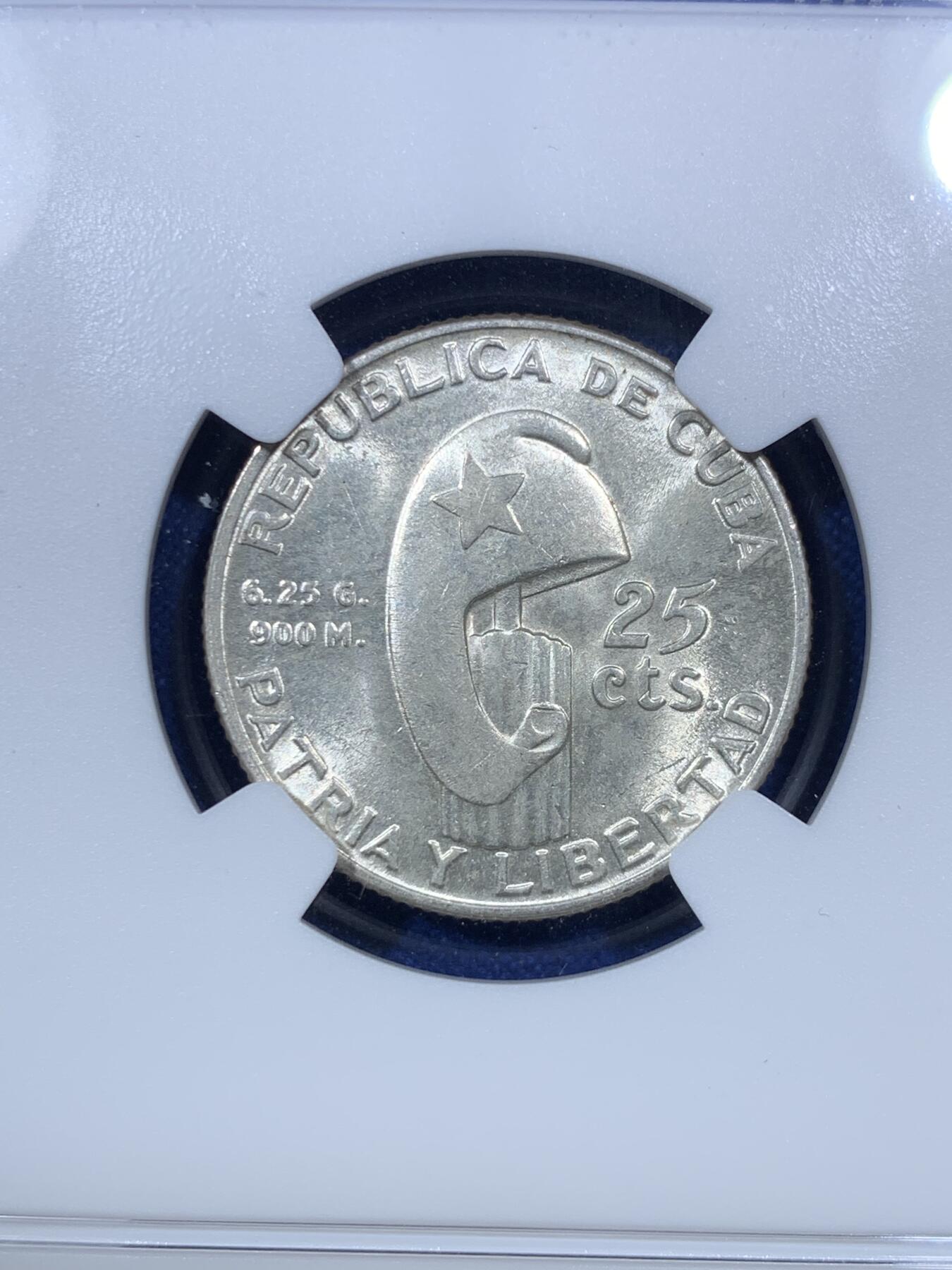 《竞宝斋》第285场- 周日，周一 2场连拍 （全场包邮） NGC MS63 古巴1953年何塞马丁百年纪念25分银币