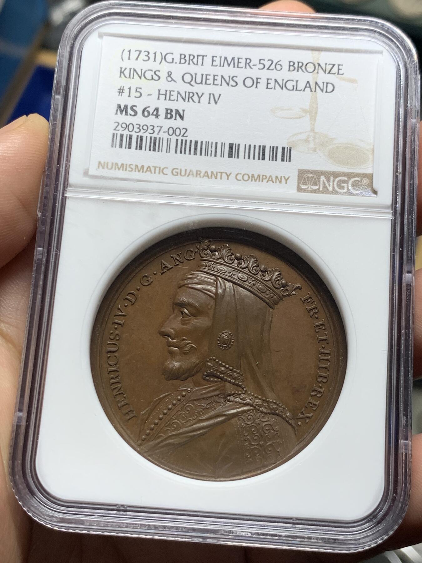 《竞宝斋》第285场- 周日，周一 2场连拍 （全场包邮） NGC MS64BN 英国1731英国君主15号纪念章 加厚盒装 NGC冠军分大铜章 亨利四世 高分精品 构图精妙 浮雕生动