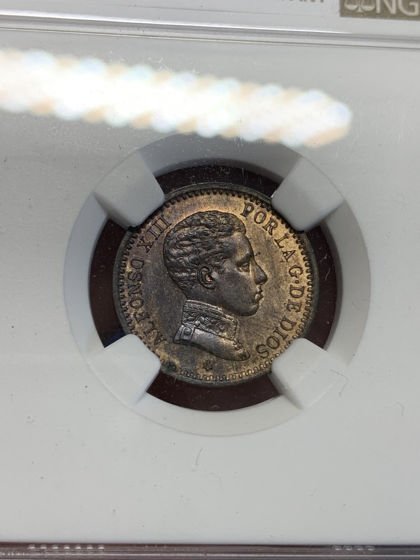 《竞宝斋》第285场- 周日，周一 2场连拍 （全场包邮） NGC MS62RB 西班牙 1904年 阿方索十三世 2分 军装版 铜币