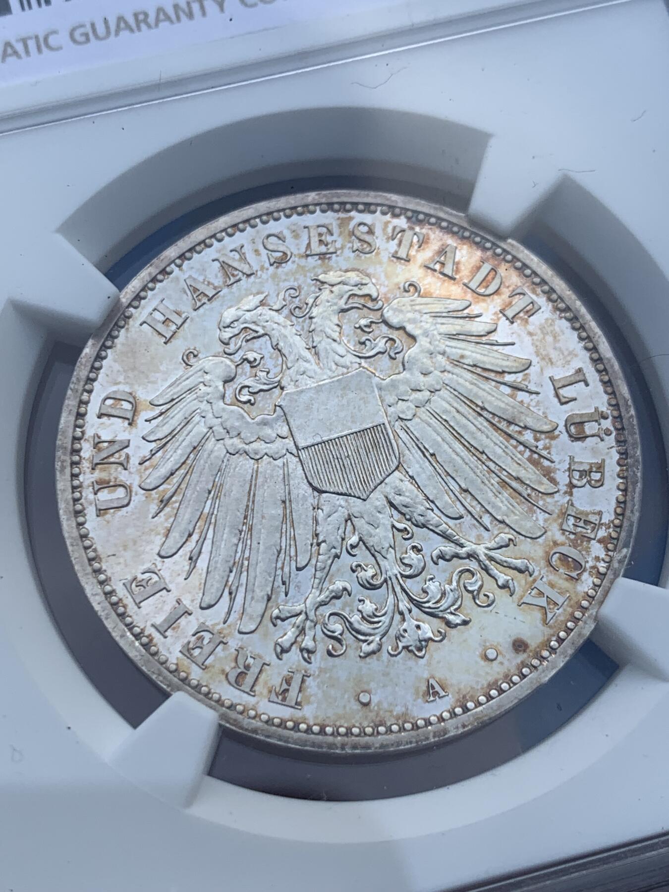 《竞宝斋》第285场- 周日，周一 2场连拍 （全场包邮） NGC PF65 德国1912A吕贝克精制3马克 亚军分 更高评级的只有1枚