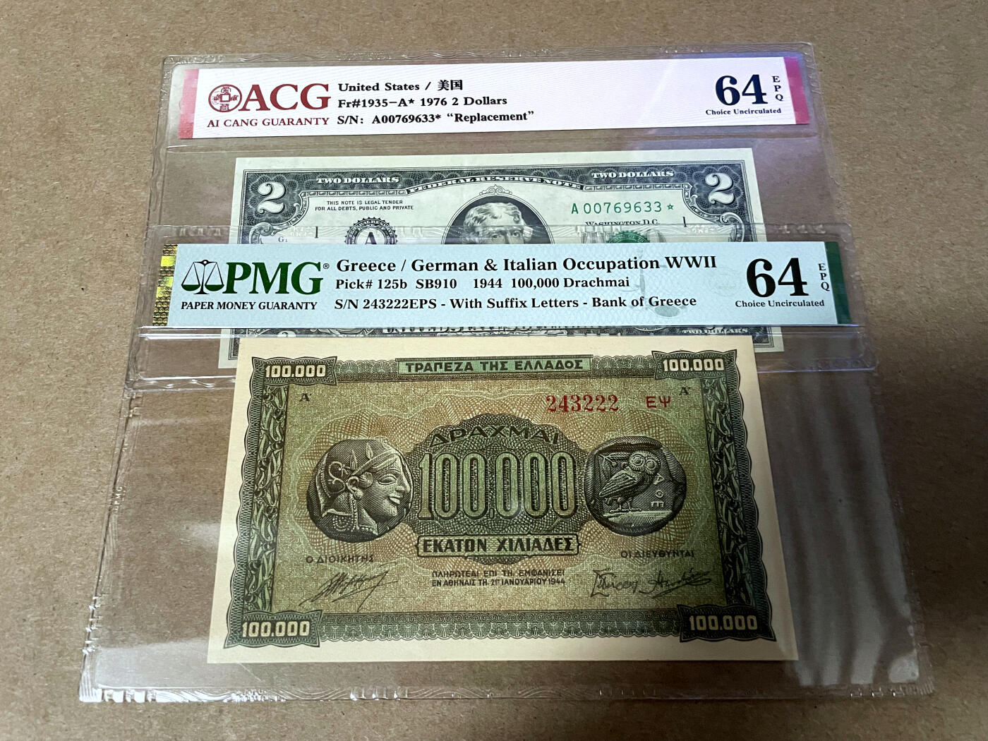 【Blue Auction】✨世界纸币精拍第499期【精】 【一组2张】美国 1976年2美金 补号 ACG64EPQ&希腊 1944年10万德拉科马 222豹子号 PMG64EPQ 