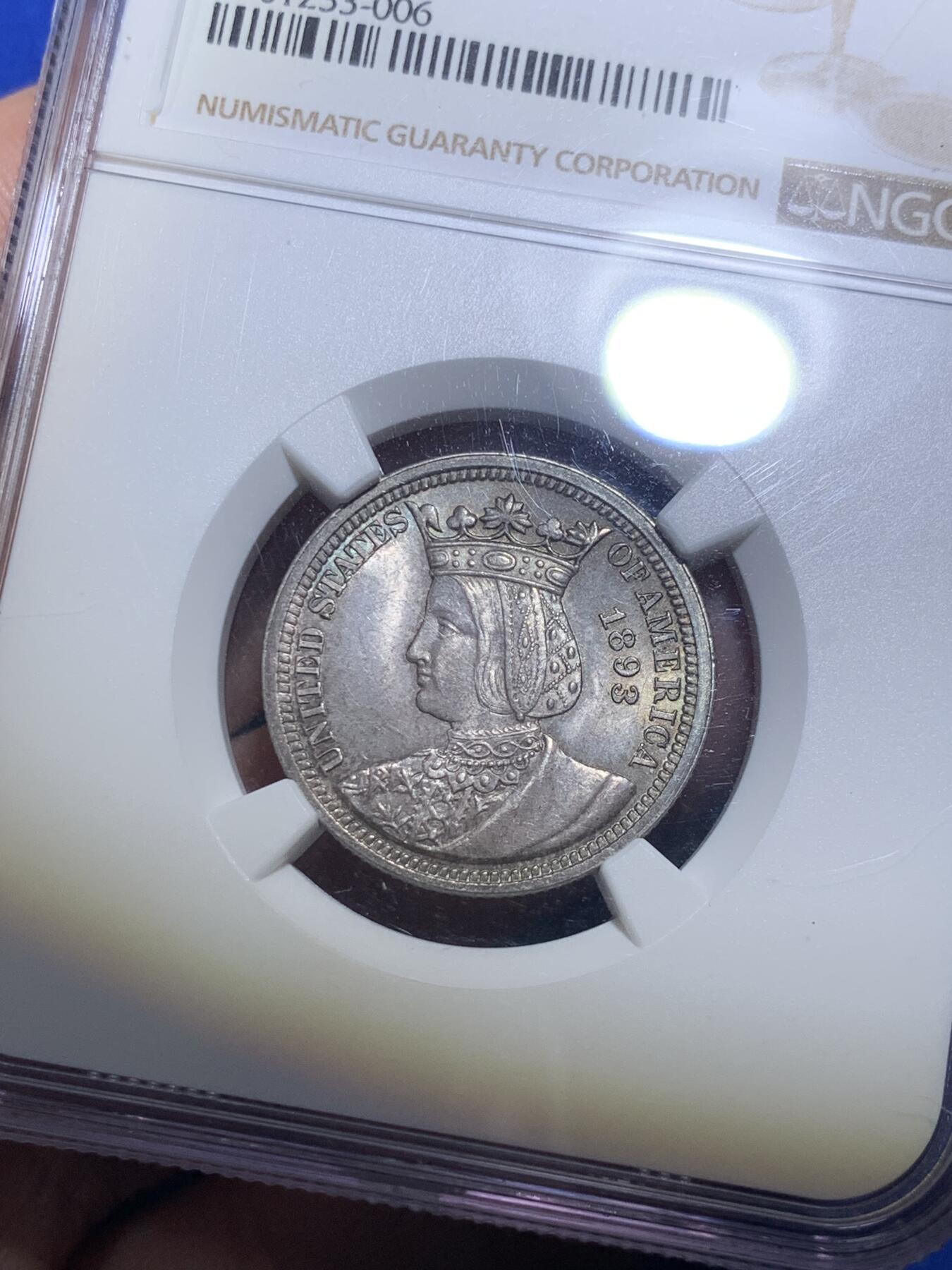 《竞宝斋》第285场- 周日，周一 2场连拍 （全场包邮） NGC MS64 美国1893伊莎贝拉25美分 高分经典品种 美国唯一的25美分纪念币