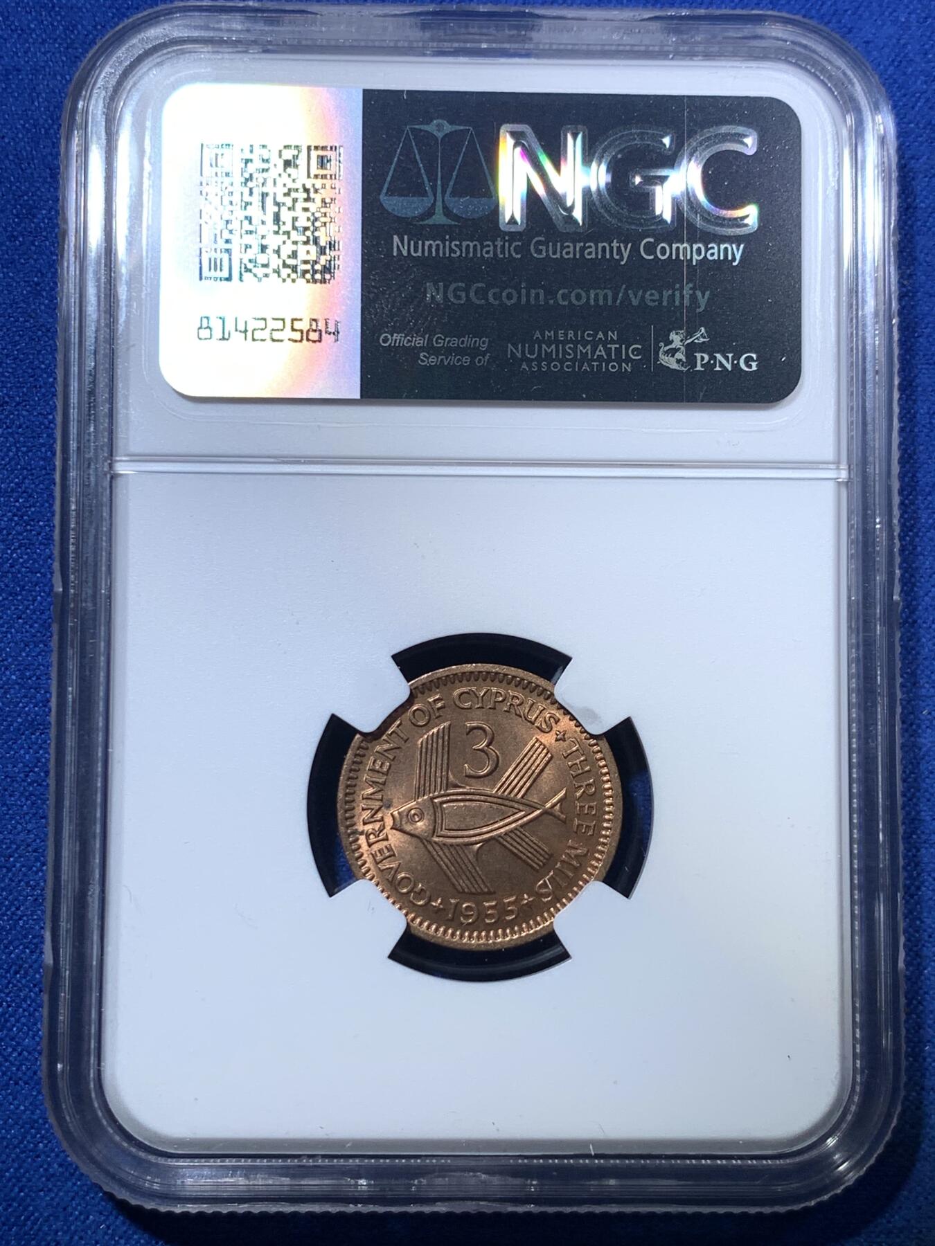 《竞宝斋》第285场- 周日，周一 2场连拍 （全场包邮） 两枚一组 NGC MS66RB&MS64BN 塞浦路斯1955年3米尔&5米尔 两大亮点 3米尔虽然铺天盖地 但是这枚是麦稀奇有史以来最高分 5米尔则罕见 麦稀奇首枚 品相均为一流 实属少见的一对