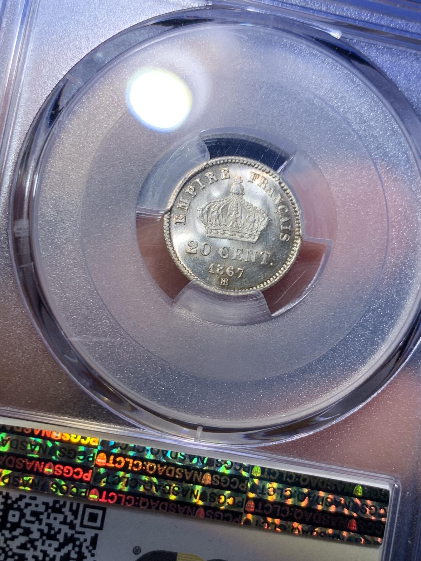 《竞宝斋》第285场- 周日，周一 2场连拍 （全场包邮） PCGS MS67 法国 1867年 拿破仑三世 20分 银币 超过150年历史的小辅币 能达到67分很少见 到顶了