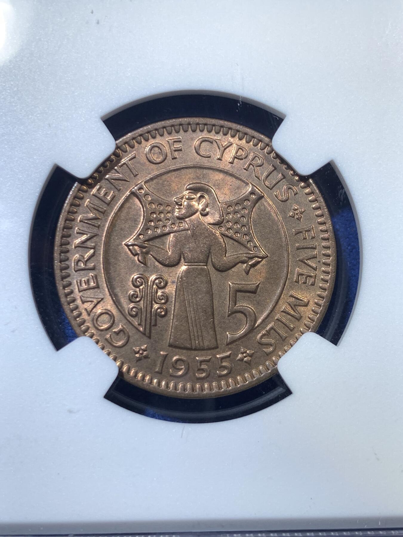 《竞宝斋》第285场- 周日，周一 2场连拍 （全场包邮） 两枚一组 NGC MS66RB&MS64BN 塞浦路斯1955年3米尔&5米尔 两大亮点 3米尔虽然铺天盖地 但是这枚是麦稀奇有史以来最高分 5米尔则罕见 麦稀奇首枚 品相均为一流 实属少见的一对