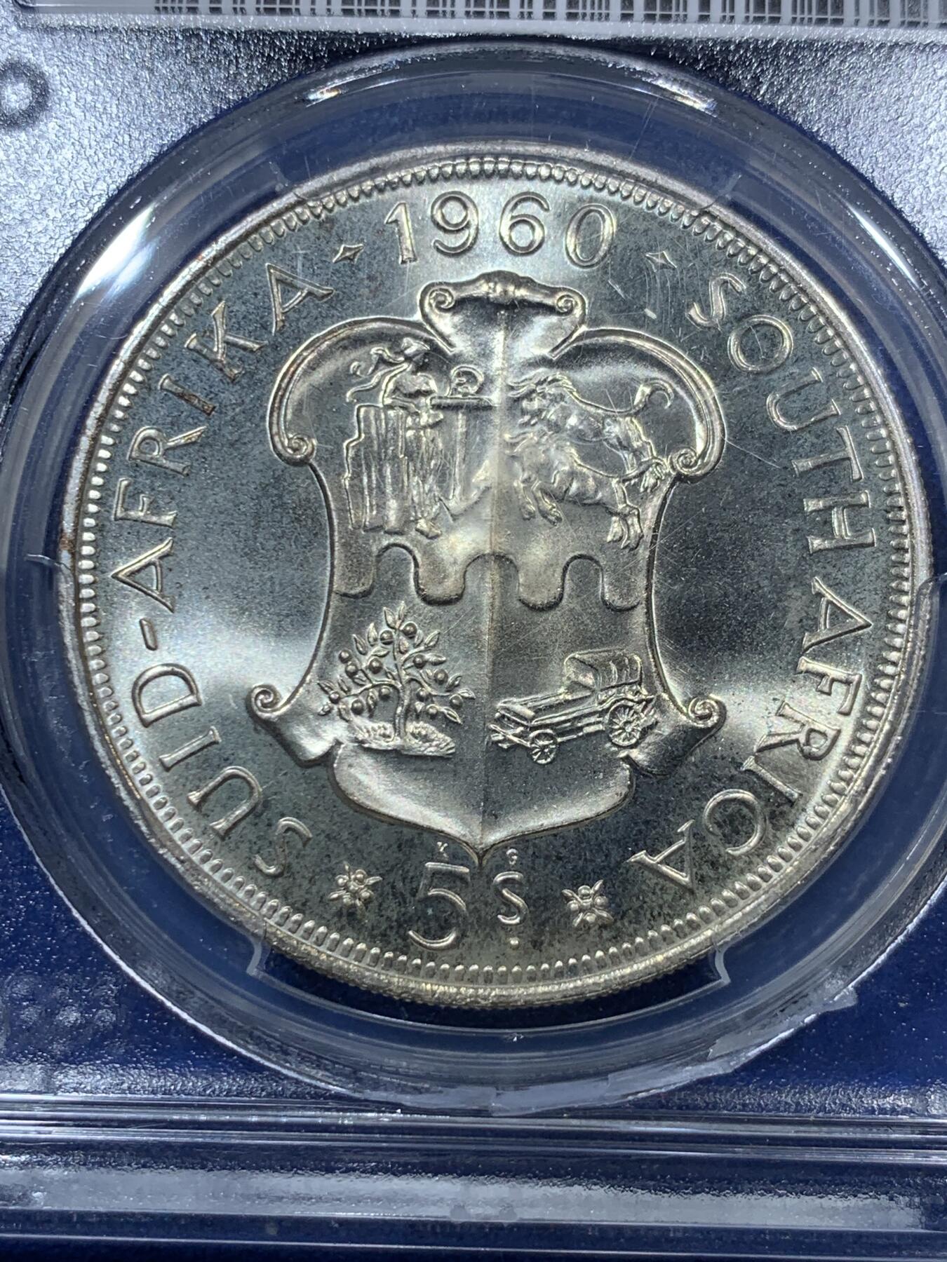 《竞宝斋》第285场- 周日，周一 2场连拍 （全场包邮） PCGS PL67 南非1960年5先令类精制高分银币 盒子有小裂 不影响密封