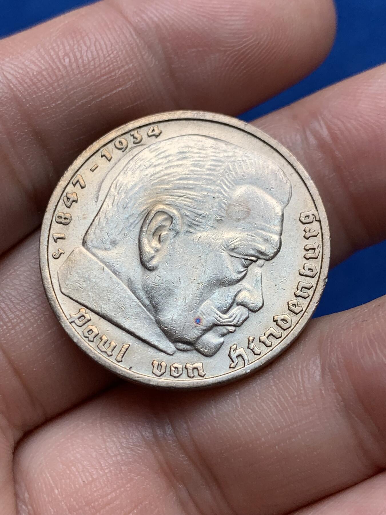 《竞宝斋》第285场- 周日，周一 2场连拍 （全场包邮） 1936年德意志第三帝国5马克银币 无字版 UNC好品 转光很不错的一枚