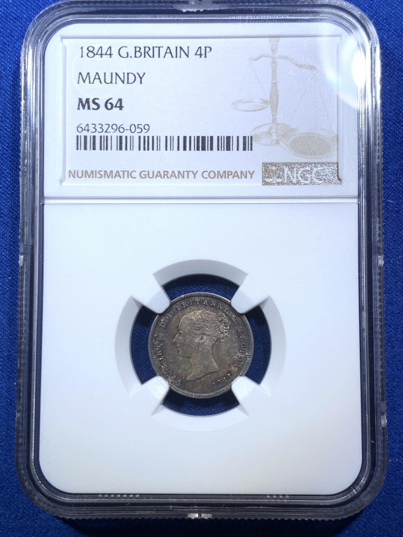 《竞宝斋》第285场- 周日，周一 2场连拍 （全场包邮） 4枚一组 NGC MS65/66/66/64 英国1844 维多利亚 濯足币 1P+2P+3P+4P 高分小维濯足 淡灰色带彩包浆漂亮