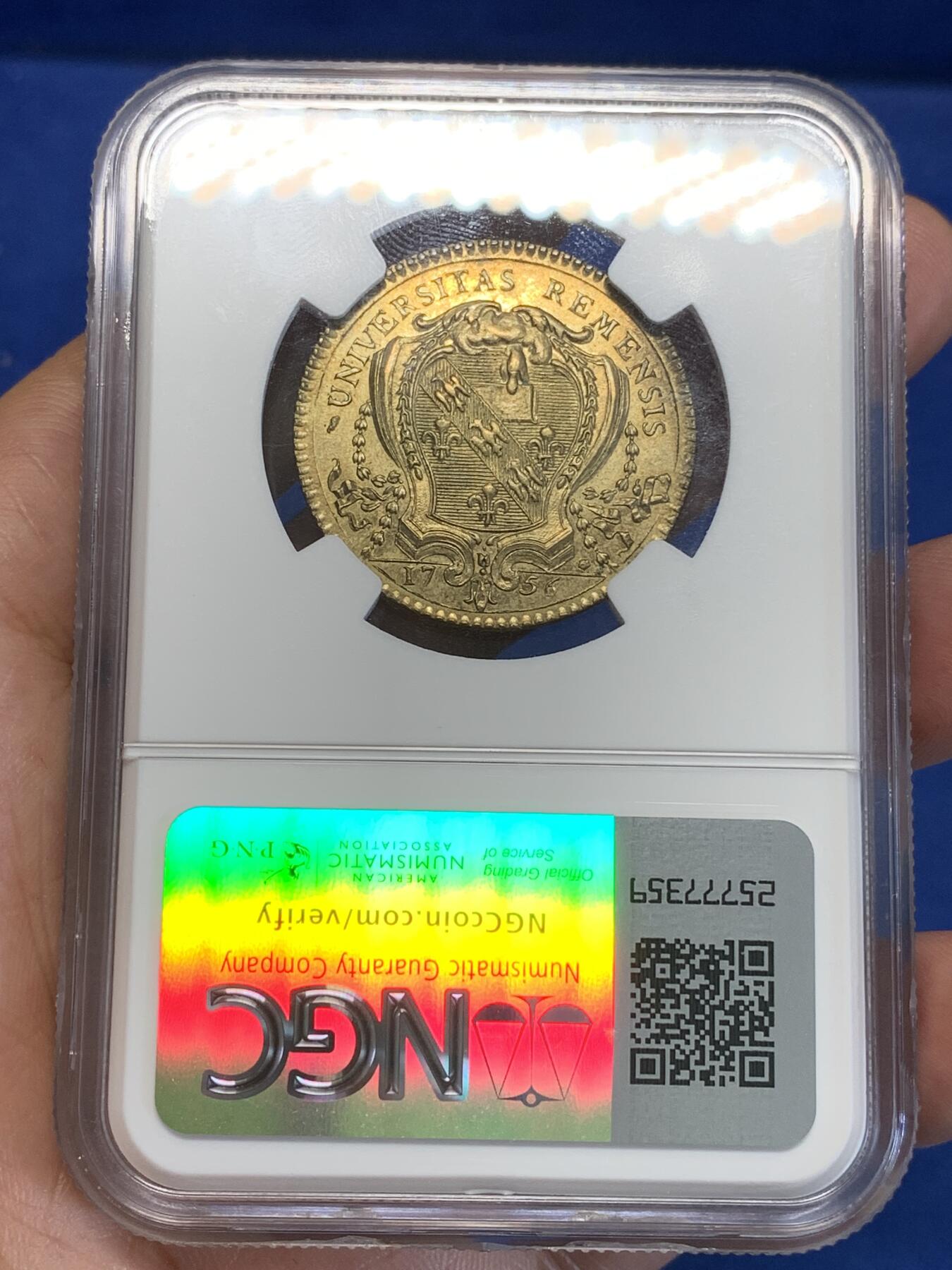 《竞宝斋》第285场- 周日，周一 2场连拍 （全场包邮） NGC MS64RB 法国1756年兰斯大学铜质代币  洛林的查理三世头像  高分收藏品