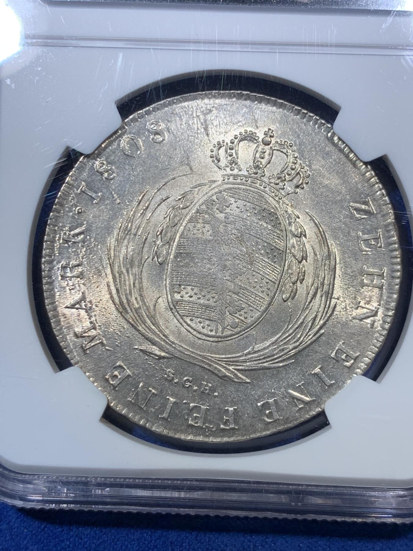 《竞宝斋》第285场- 周日，周一 2场连拍 （全场包邮） 唯一亚军分 NGC MS64 德国 萨克森 1808 奥古斯特一世 泰勒大银币 打制好 带转光