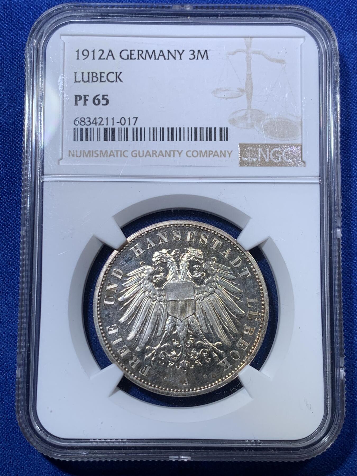 《竞宝斋》第285场- 周日，周一 2场连拍 （全场包邮） NGC PF65 德国1912A吕贝克精制3马克 亚军分 更高评级的只有1枚