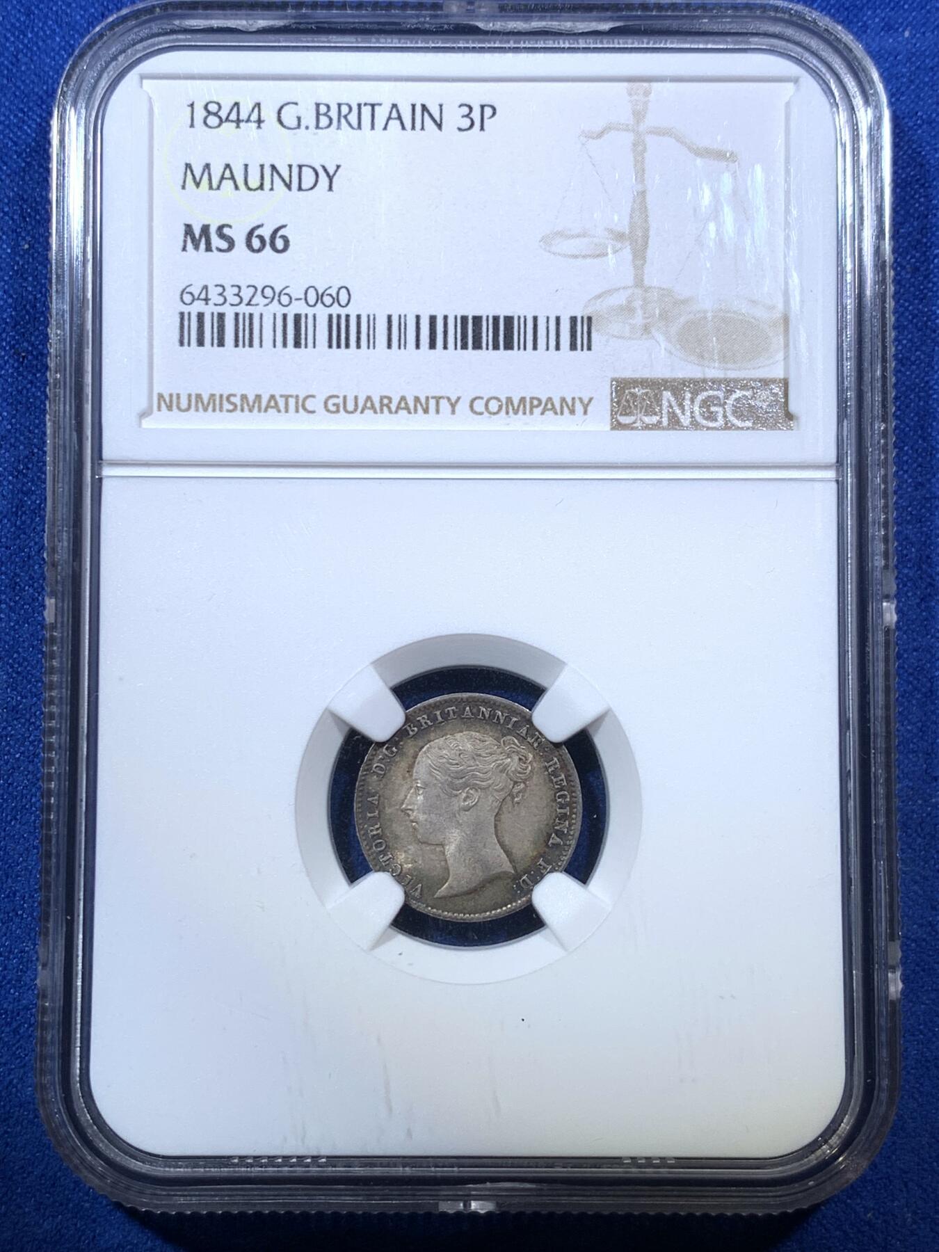 《竞宝斋》第285场- 周日，周一 2场连拍 （全场包邮） 4枚一组 NGC MS65/66/66/64 英国1844 维多利亚 濯足币 1P+2P+3P+4P 高分小维濯足 淡灰色带彩包浆漂亮