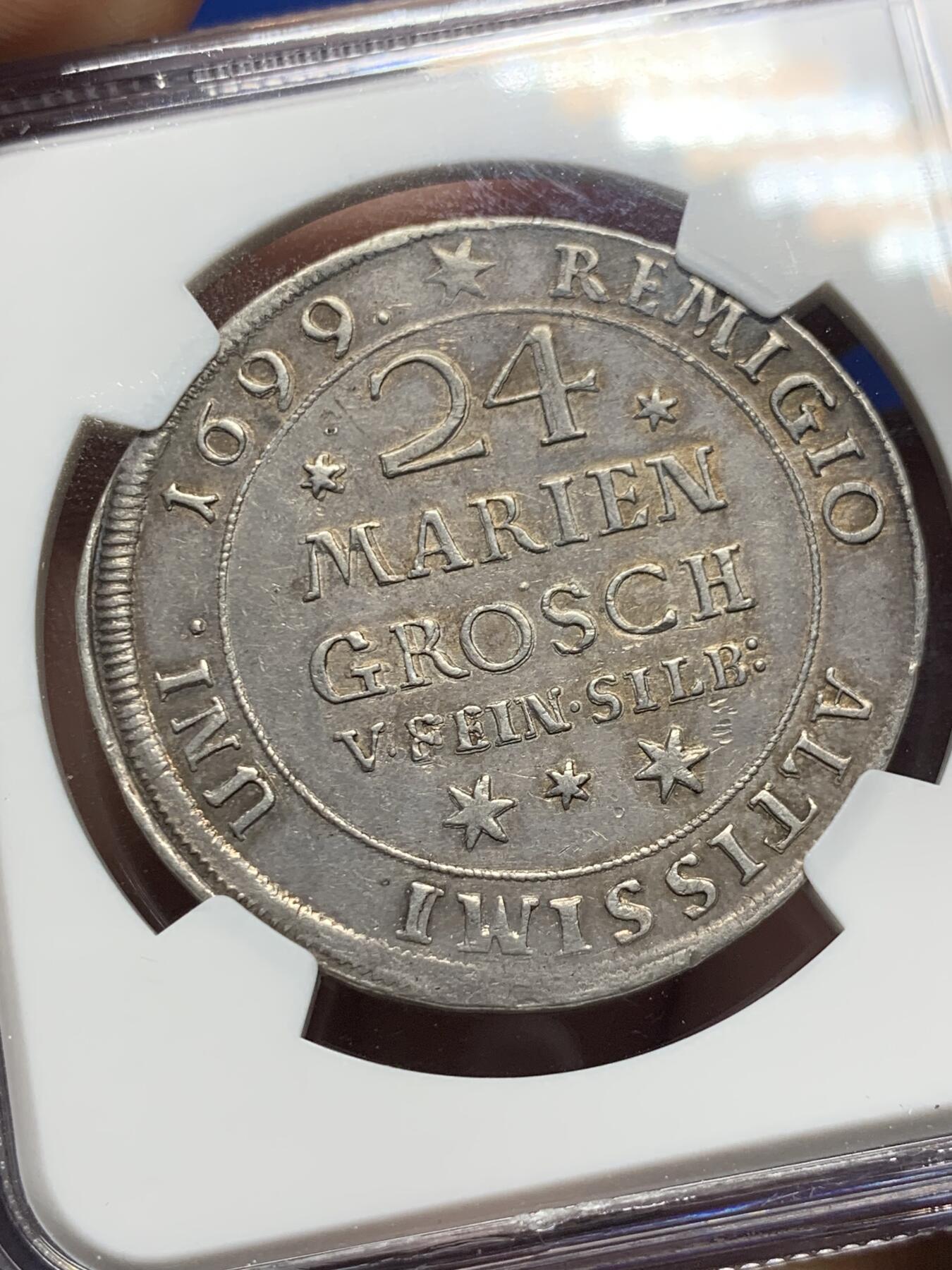 《竞宝斋》第285场- 周日，周一 2场连拍 （全场包邮） NGC AU50 德国1699年布伦瑞克-沃尔芬巴特尔24格罗申（1/2泰勒 )