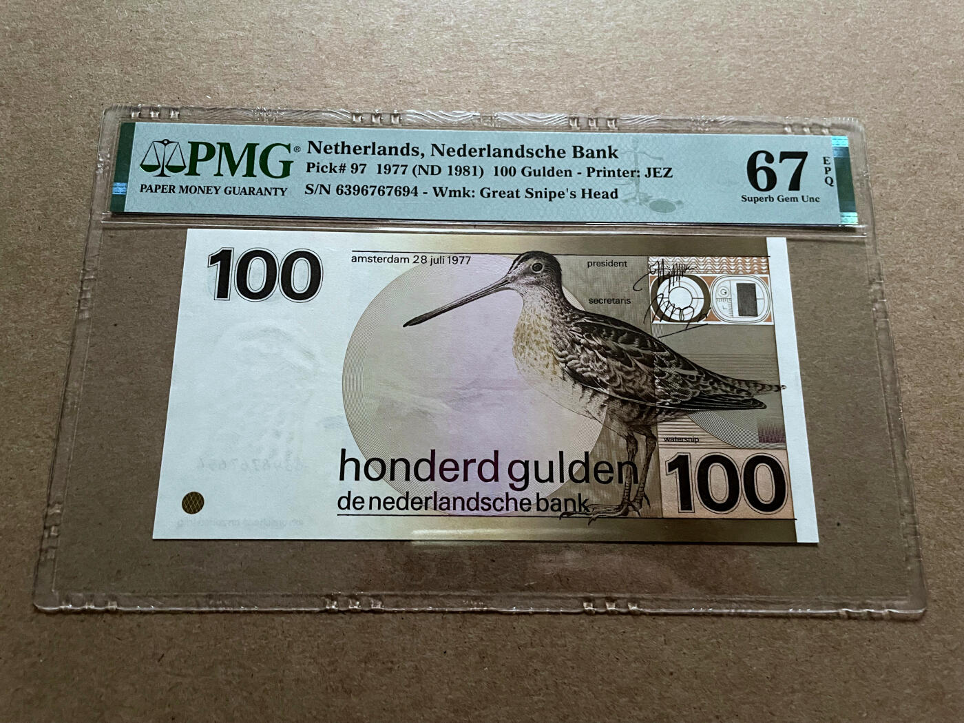 【Blue Auction】✨世界纸币精拍第499期【精】 荷兰 1977年100盾 水鸟 PMG67EPQ 高分 