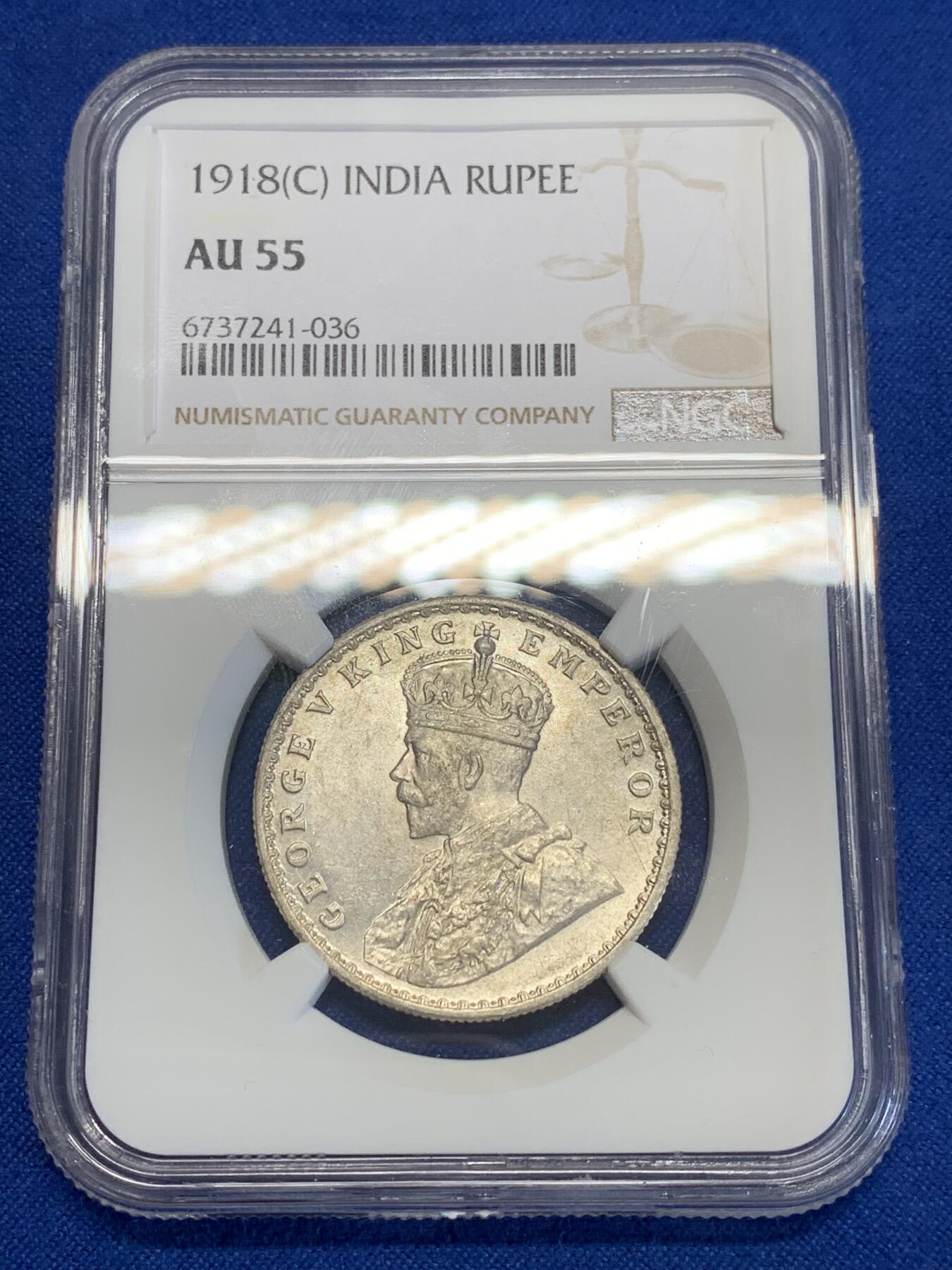 《竞宝斋》第285场- 周日，周一 2场连拍 （全场包邮） NGC AU55 英属印度 1918年 C版 乔五 1卢比银币