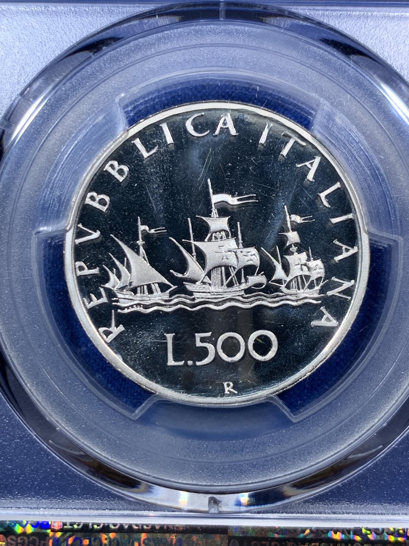 《竞宝斋》第285场- 周日，周一 2场连拍 （全场包邮） PCGS PR67DCAM 意大利 1991年 帆船女神 500里拉 精制银币 经典设计