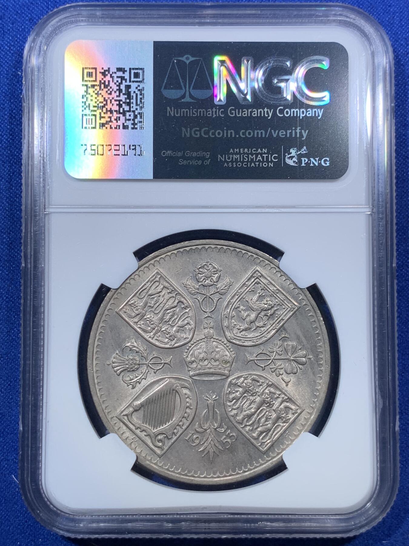 《竞宝斋》第285场- 周日，周一 2场连拍 （全场包邮） NGC MS64 英国1953登基克朗 大热品种 64分可藏品相 两面转光