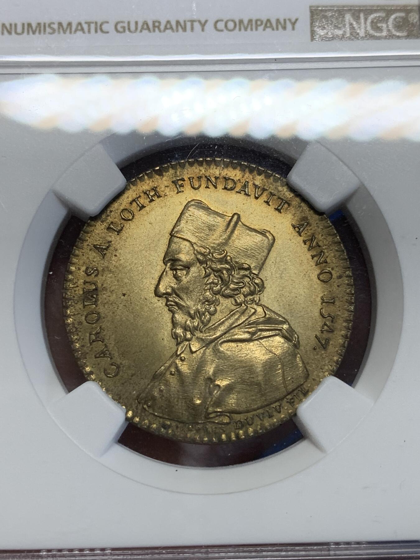 《竞宝斋》第285场- 周日，周一 2场连拍 （全场包邮） NGC MS64RB 法国1756年兰斯大学铜质代币  洛林的查理三世头像  高分收藏品