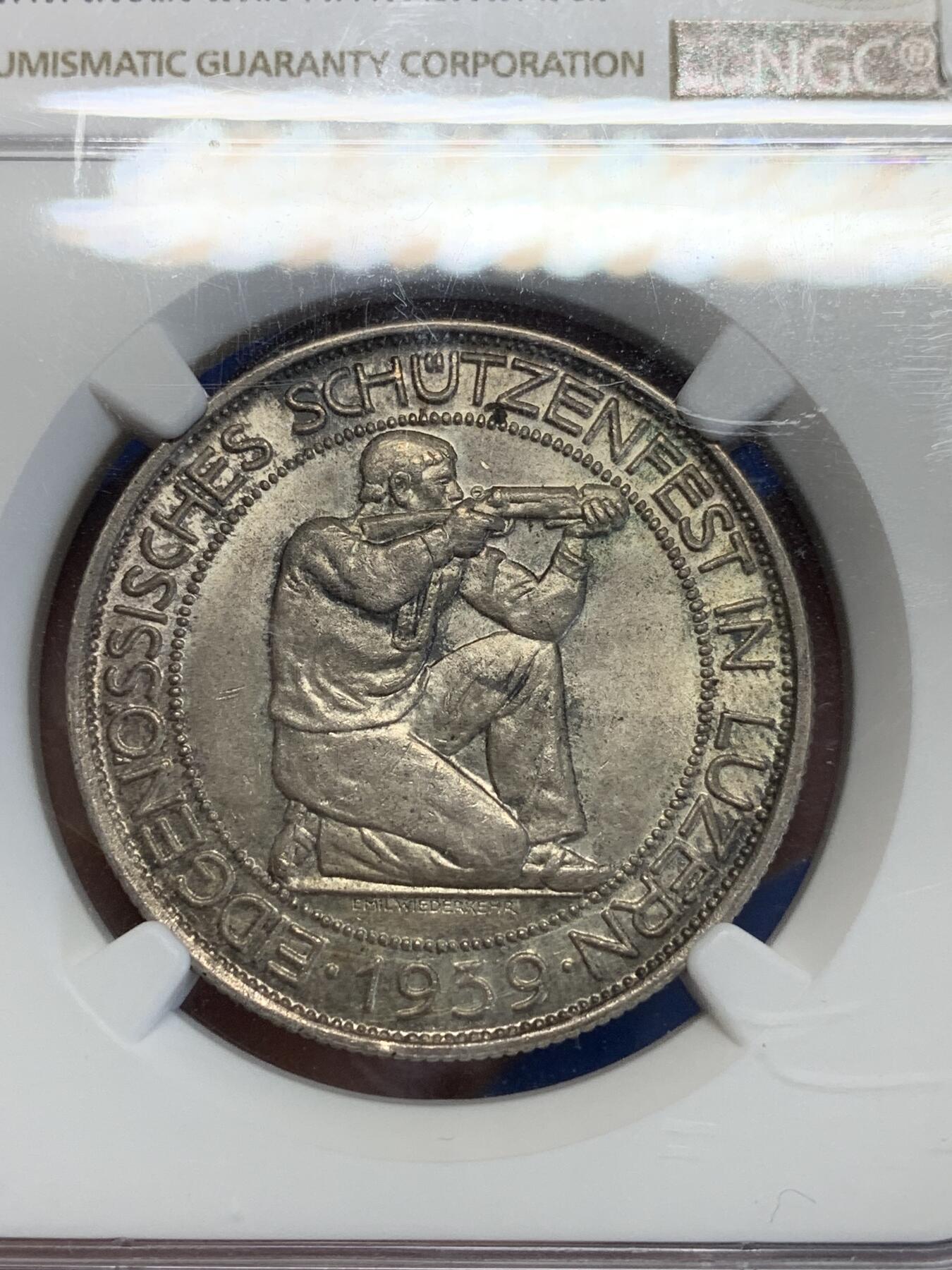 《竞宝斋》第285场- 周日，周一 2场连拍 （全场包邮） NGC MS63 瑞士1939年卢塞恩狩猎节5法郎银币