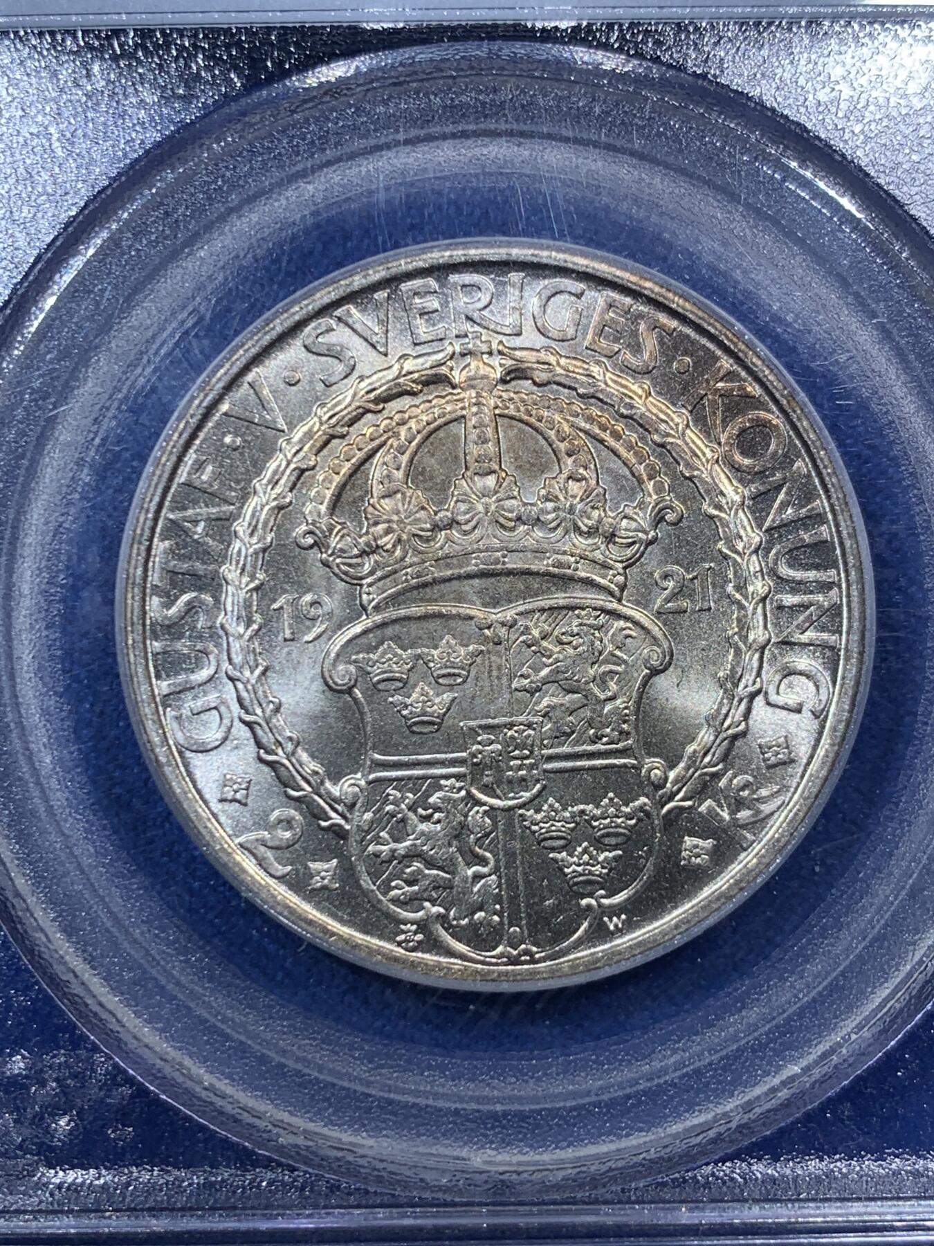 《竞宝斋》第285场- 周日，周一 2场连拍 （全场包邮） PCGS MS66 瑞典1921年2克朗纪念银币 高分稀少