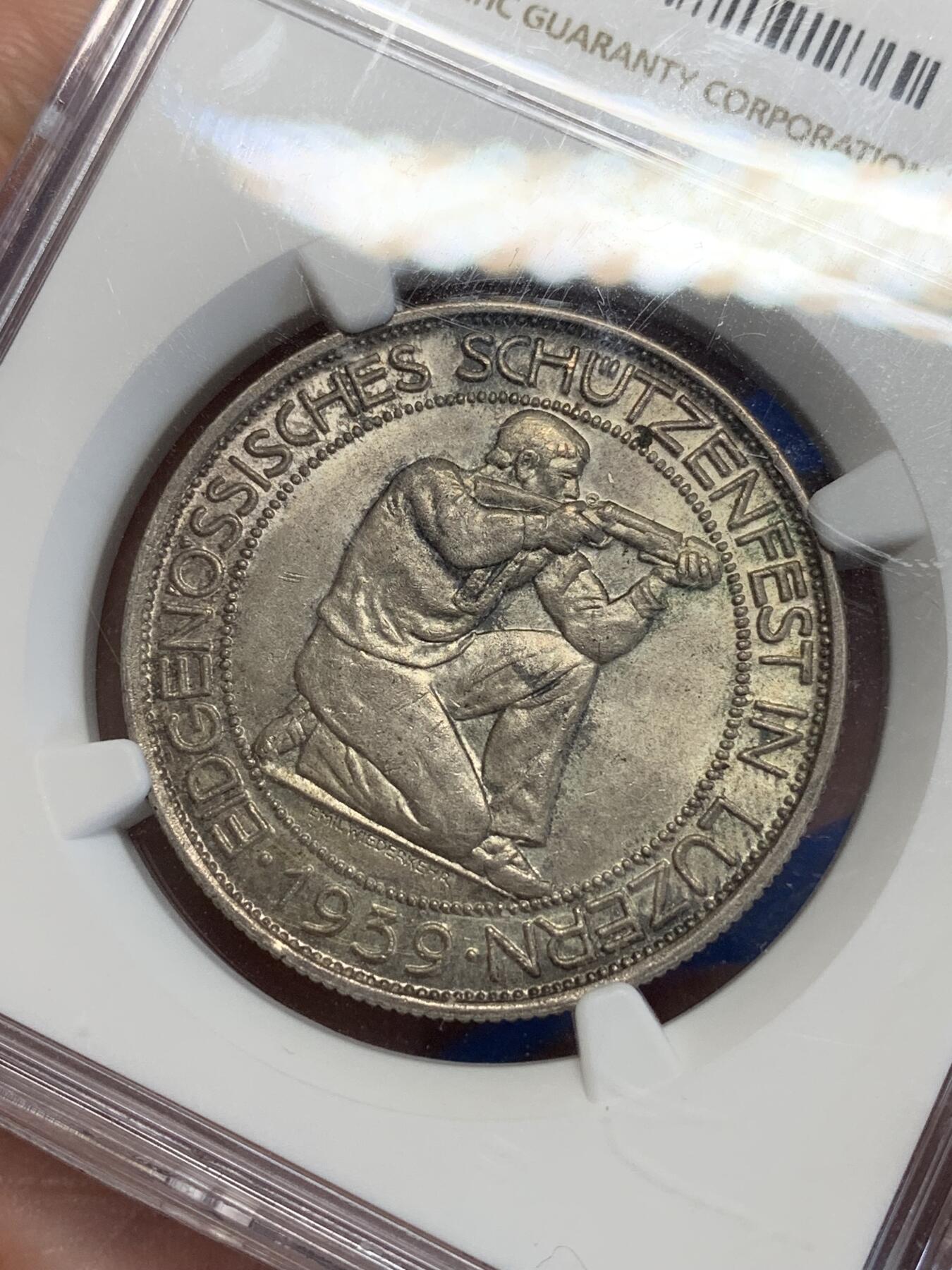 《竞宝斋》第285场- 周日，周一 2场连拍 （全场包邮） NGC MS63 瑞士1939年卢塞恩狩猎节5法郎银币