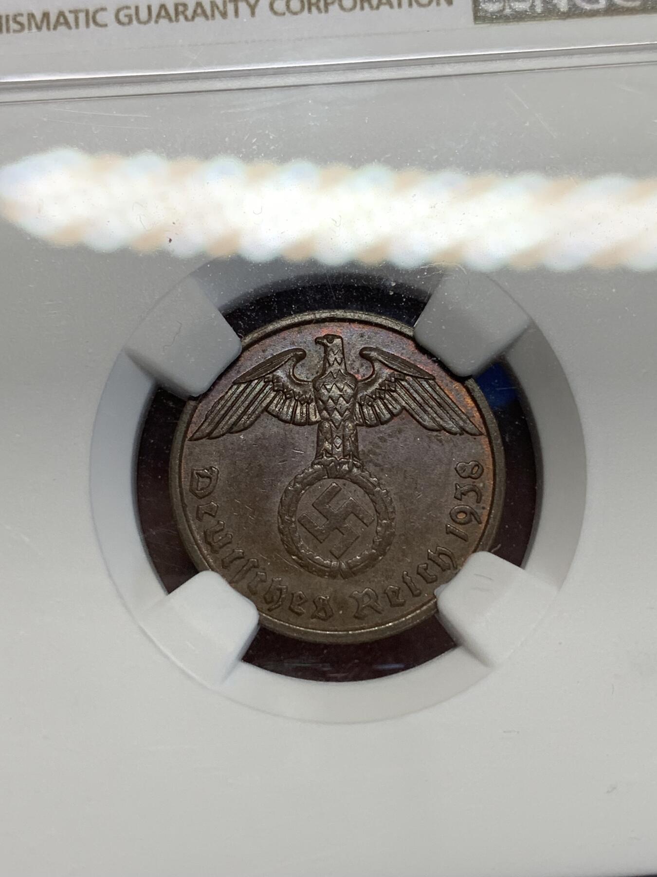 《竞宝斋》第285场- 周日，周一 2场连拍 （全场包邮） NGC MS62BN 德国1938年A厂2芬尼