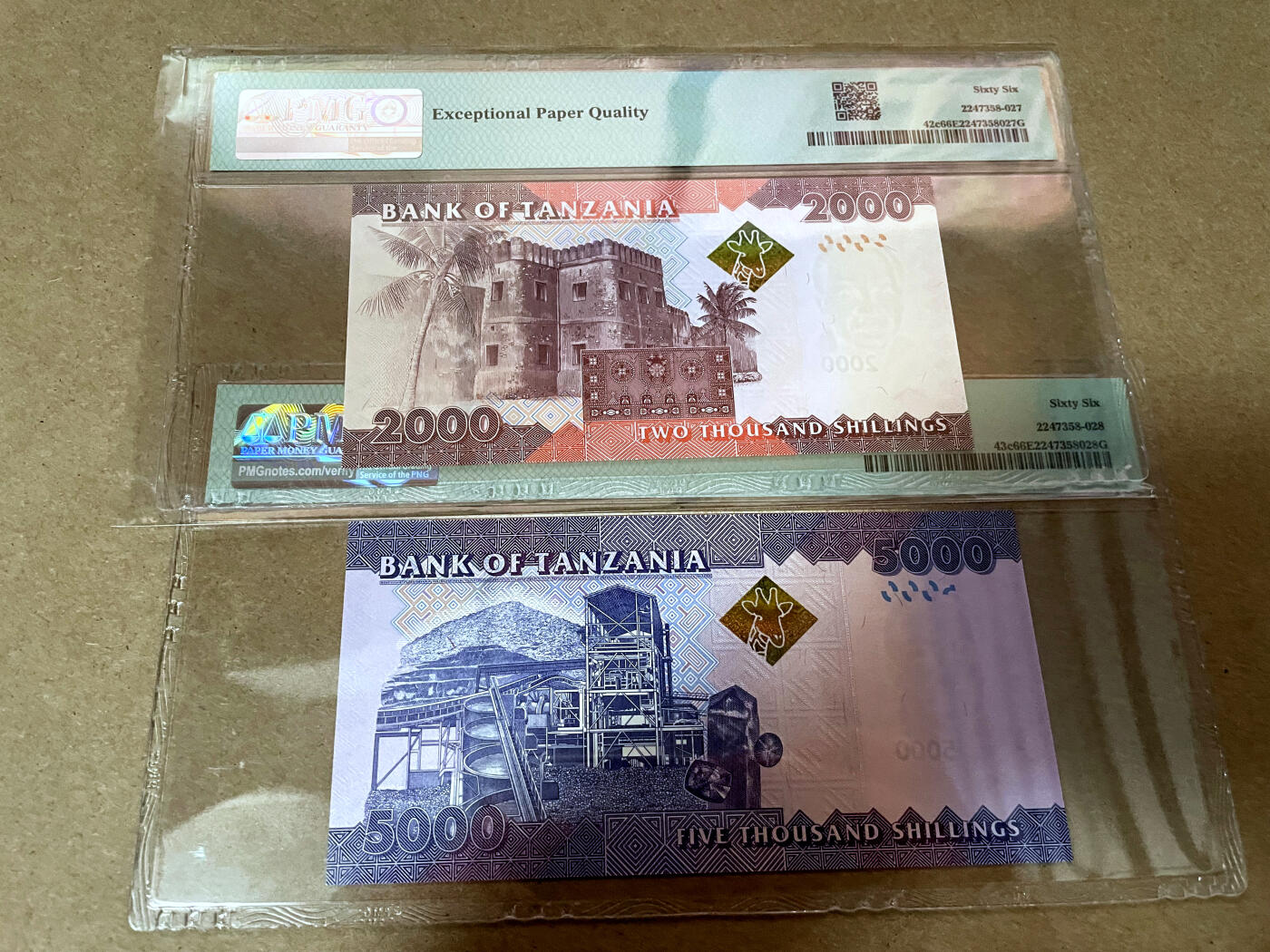 【Blue Auction】✨世界纸币精拍第499期【精】 【一组2张豹子号无47】坦桑尼亚 2020年2000-5000先令 PMG66EPQ 
