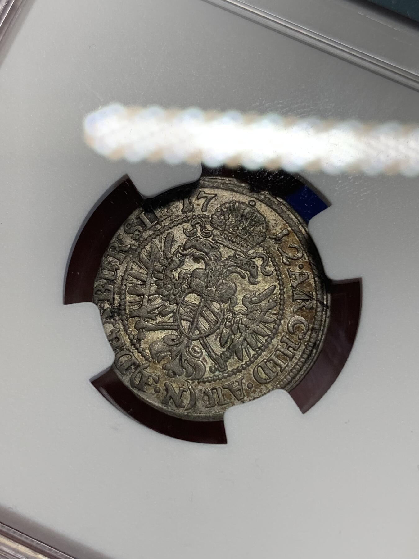 《竞宝斋》第285场- 周日，周一 2场连拍 （全场包邮） NGC AU55 神圣罗马帝国1712年查理六世3克鲁泽银币  稀少的波兰-布雷斯劳造币厂铸造 五彩包浆