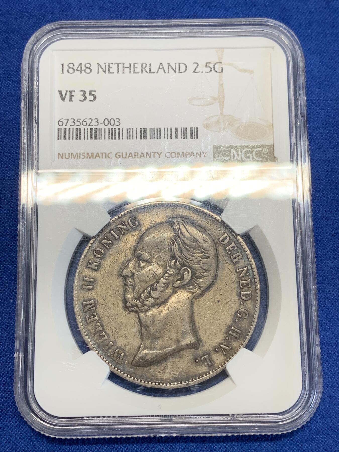 《竞宝斋》第285场- 周日，周一 2场连拍 （全场包邮） NGC VF35 荷兰1848年威廉二世长脖子2.5盾 原味老包浆 细节非常好 低评