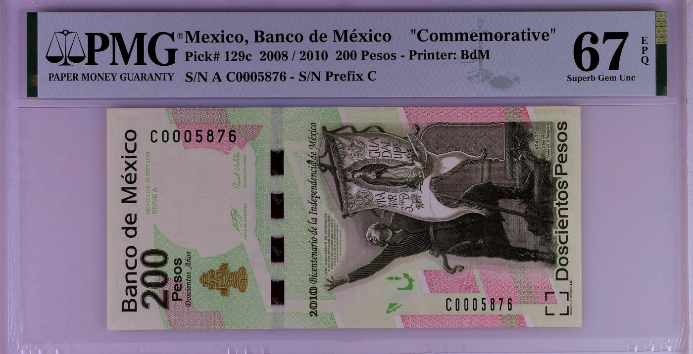 【Blue Auction】✨世界纸币精拍第499期【精】 【乱蛇号 千位小号】墨西哥 2008年200比索 PMG67EPQ 高分 